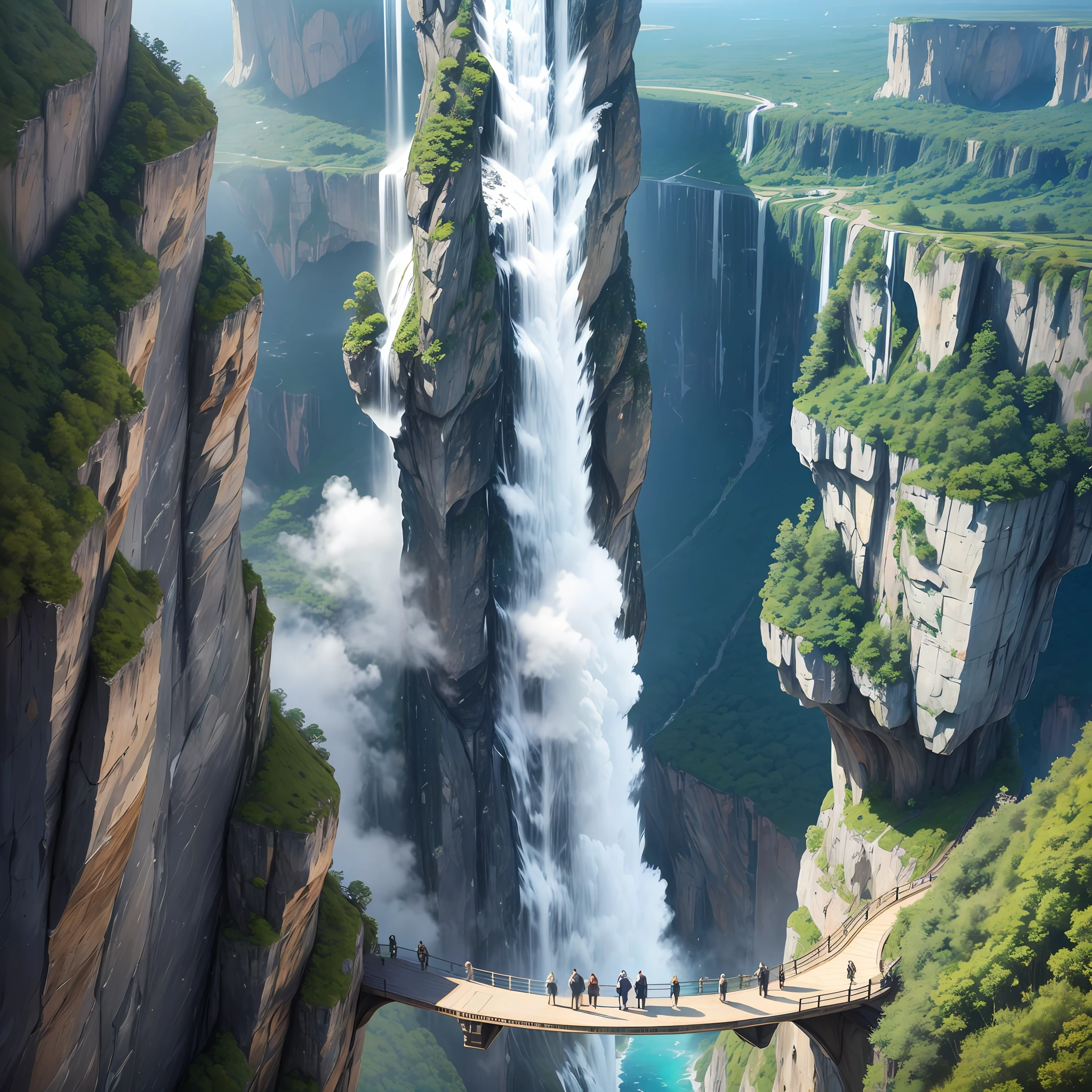 Realistic fantasy, detail, realism, computer clarity, 8kk, cliff, waterfall, glass bridge to the sky, wind (high ultra-clarity, detail of nature), in the rock city (ultra-high detail of the city), (glass high-rise buildings), streets, many people, --auto --s2