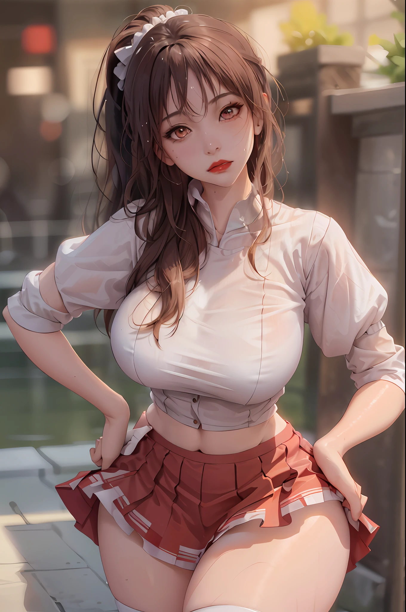 Masterpiece: 1.2, best quality), realistic, (real picture, rich details details, depth of field), (1girl, solo), makeup, cleft lip, high detail, perfect face shape, (big breasts: 1.4), (skindentation), Masterpiece: 1.2, Best Quality), Realism, (Real Pictures, Rich Detail Detail, Depth of Field), (1 Girl, Solo), Makeup, Cleft Lip, High Detail, Perfect Face Shape, (: 1.4), (Skin Dents), Thick Thighs, Broad Buttocks, Thin Waist, High, Coral, Red Lips, Red Eyes, Ponytail, (Sweat: 1.2), (Wet), Sexy, Blush, (Shy Expression), (White Short Skirt, White Clear Top,)
