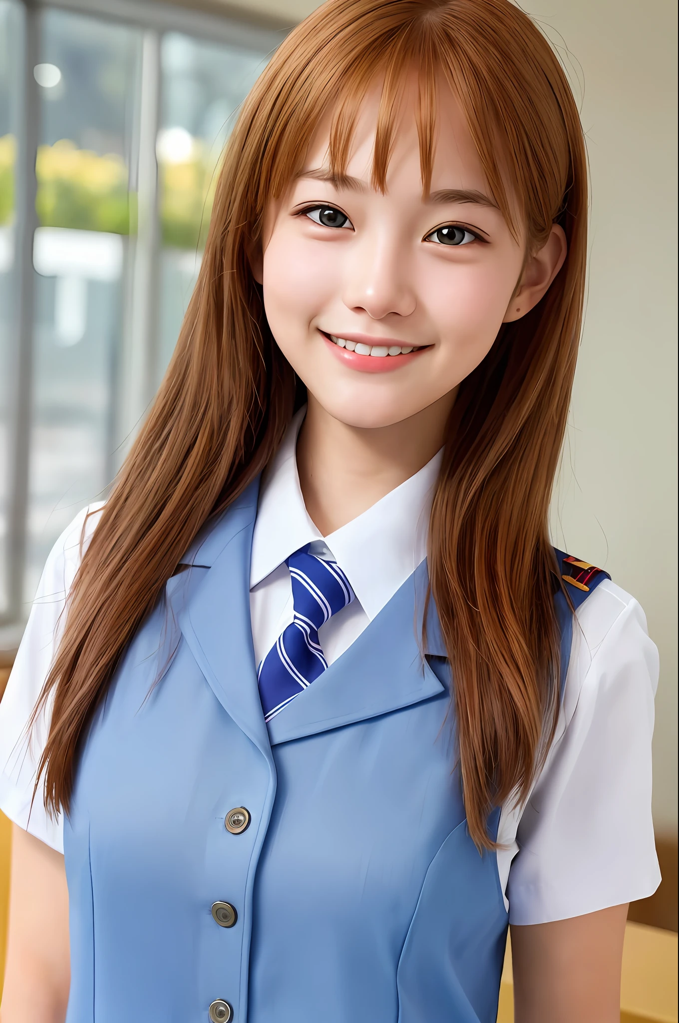 girl single, beautiful face, 18 years old, smiling, looking viewer, school uniform, uniform, photo, realistic, best quality, adopted, detailed face, classroom, detailed background, diffuse lighting, depth of field, bokeh