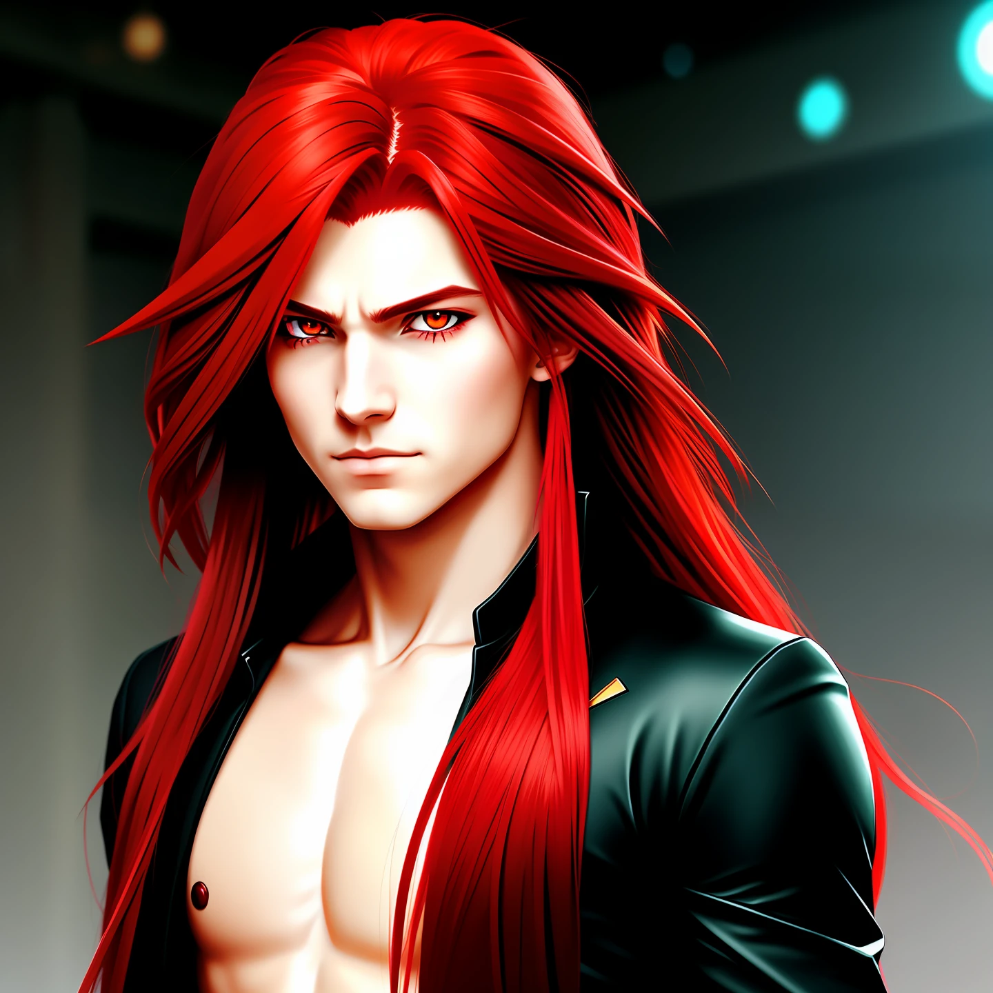 create a male character with long red hair, red eyes, with anime traits