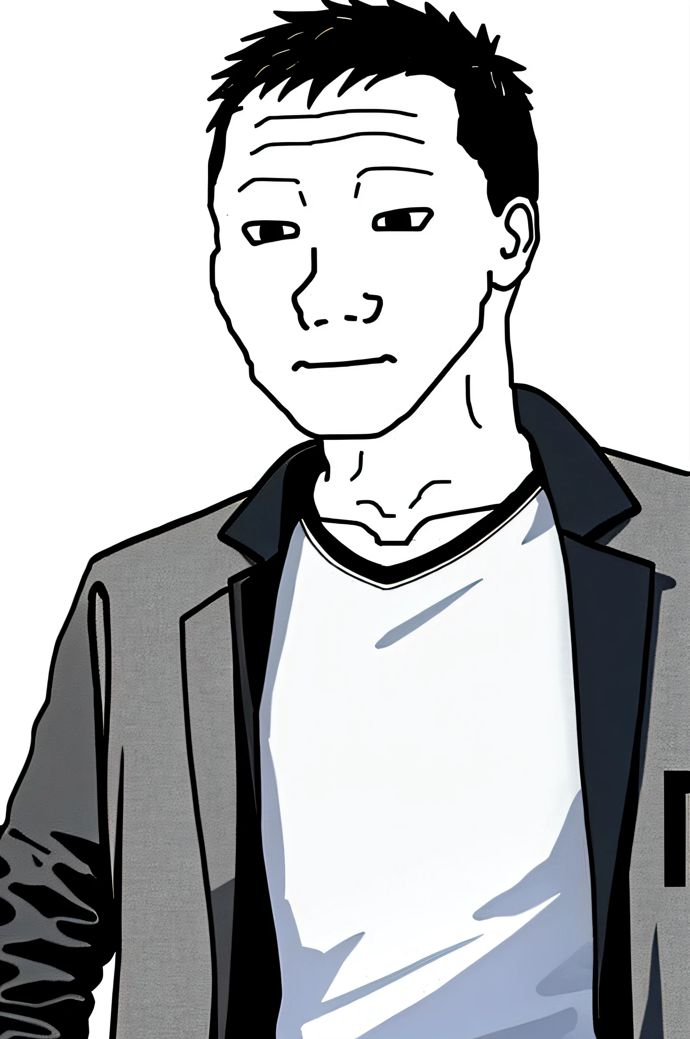 wojak, masterpiece, best quality, 1boy, solo, male focus, shirt, simple background, upper body, closed mouth, jacket, white background, black eyes, short hair, black hair, collared shirt, black jacket, blue shirt, open clothes, open jacket