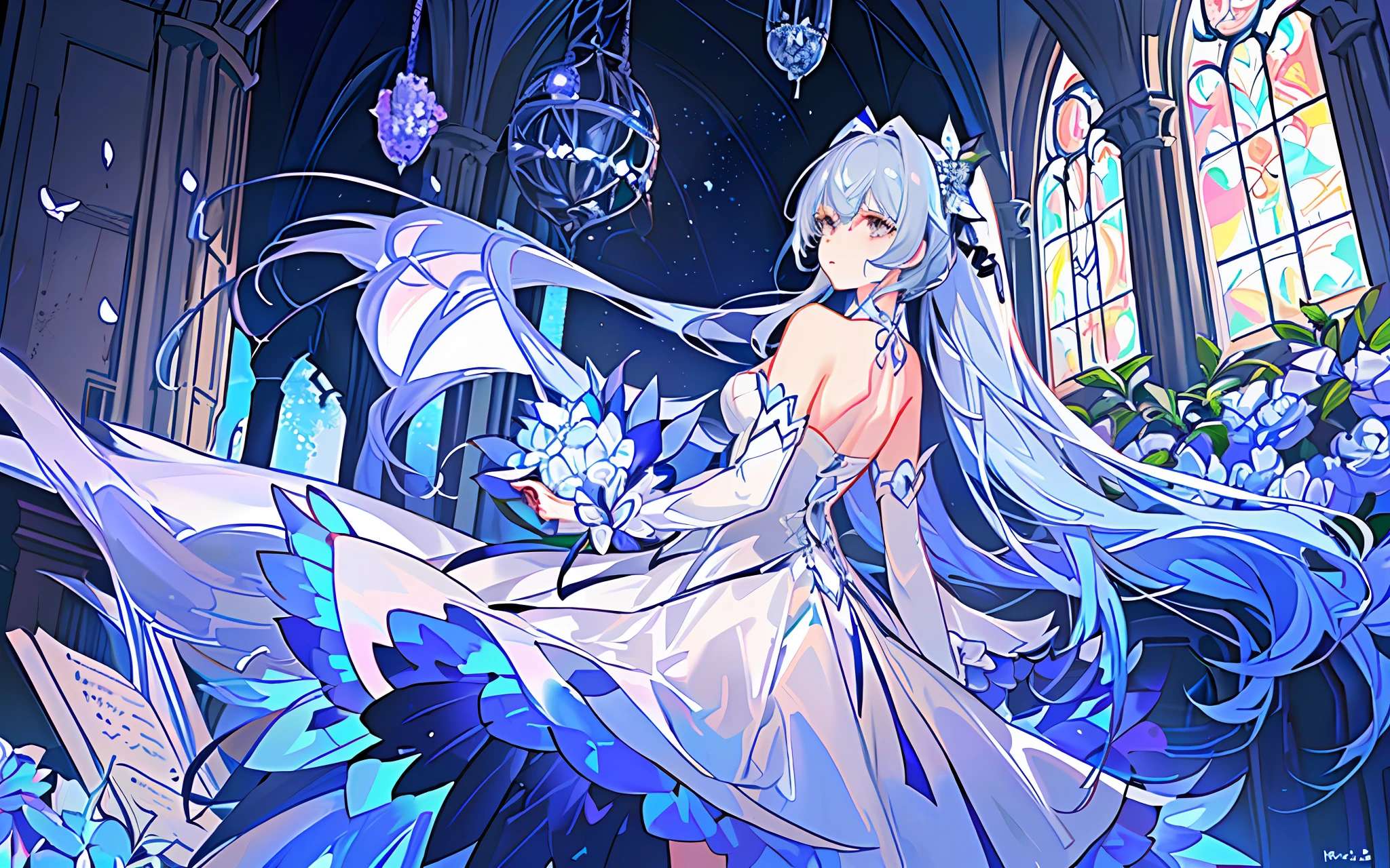 (Little Girl: 1.5), Lace, Ribbon, Wedding Dress, (Masterpiece, Side Light, Delicately Beautiful Gray Eyes: 1.2), Masterpiece, Realism, Glowing Eyes, Shiny Hair, Blue Hair, Long Hair, Shiny Skin, Solo, Embarrassment, Bandeau, Delicate, Beautiful, Church, Flowers, Fluttering Petals, Ponytail,