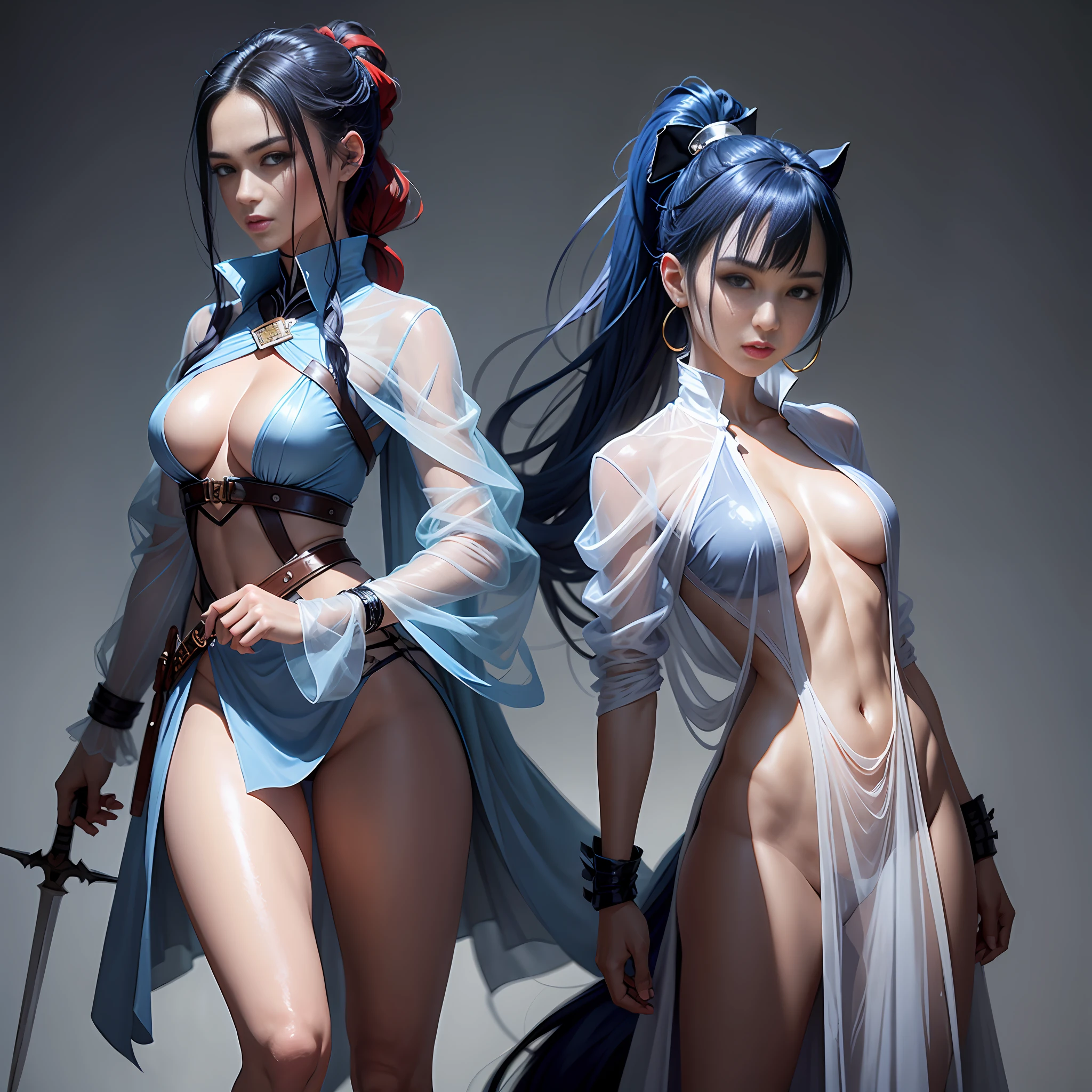 Ponytail, beautiful female warrior, approximately 20 years of age, with a perfect body and dressed only organza transparent coat, The character has dark blue hair with red highlights, tied in a horse tail, and holds a short sword in her hand. I would like the drawing to be done in any graphic convention that fits the character’s nature, wet skin, shiny skin, transparent organza flowing coat, photorealistic: 2.0. Shiny skin,