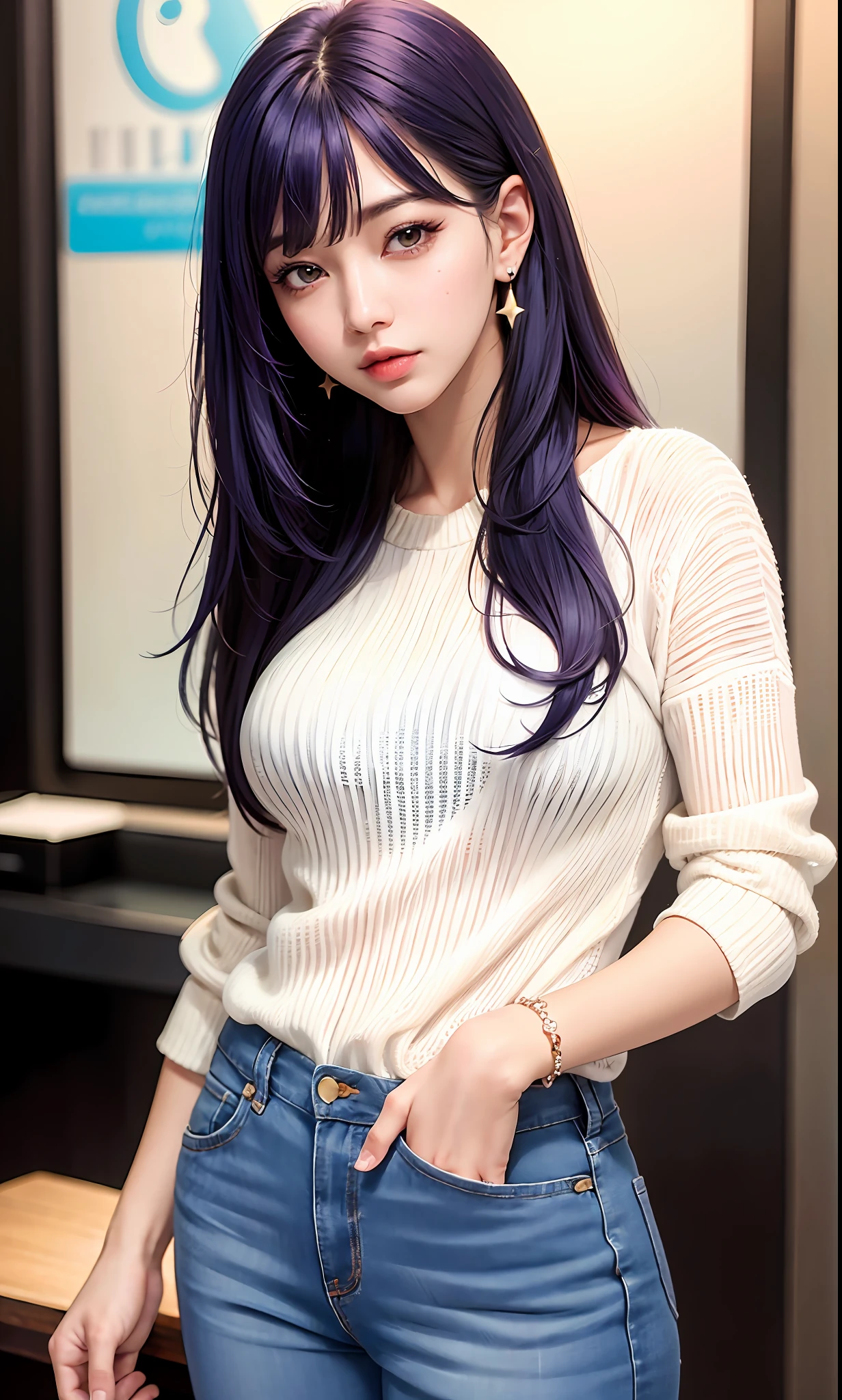 (8k, RAW, Photorealistic: 1.25), (lip gloss, eyelashes, shiny face, shiny skin, best quality, ultra high resolution, depth of field, chromatic aberration, caustics, wide lighting, natural shading, Kpop idol) purple hair close to black, see-through bangs, purple eyes, stars in the eyes, white knitted clothes, blue jeans pants