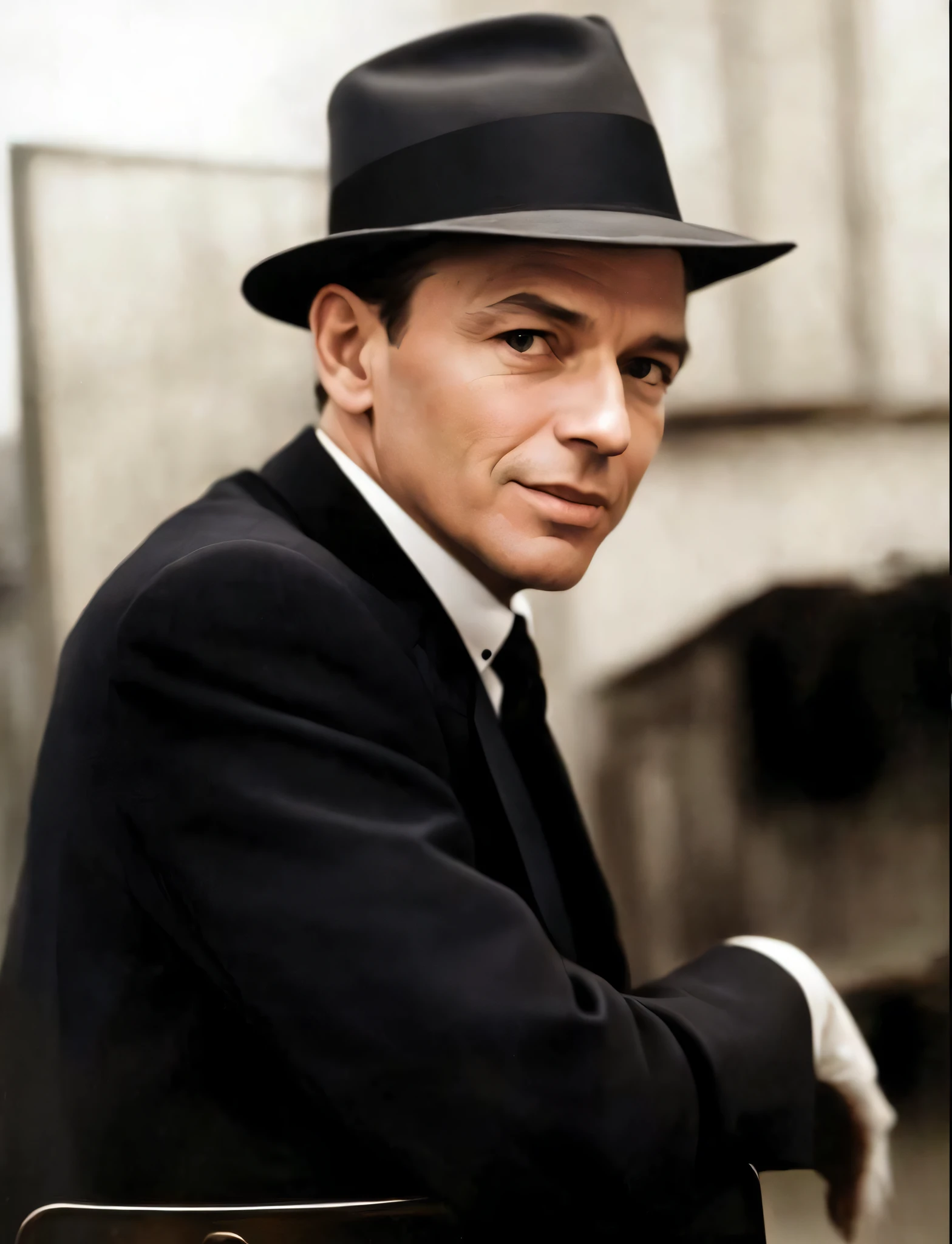 arafed man in a black suit and hat sitting on a chair, frank sinatra, a suited man in a hat, inspired by George Bogart, by Kurt Seligmann, tipping his fedora, he is wearing a black trenchcoat, by George Bogart, a colorized photo, eddie, smug look, handsome man