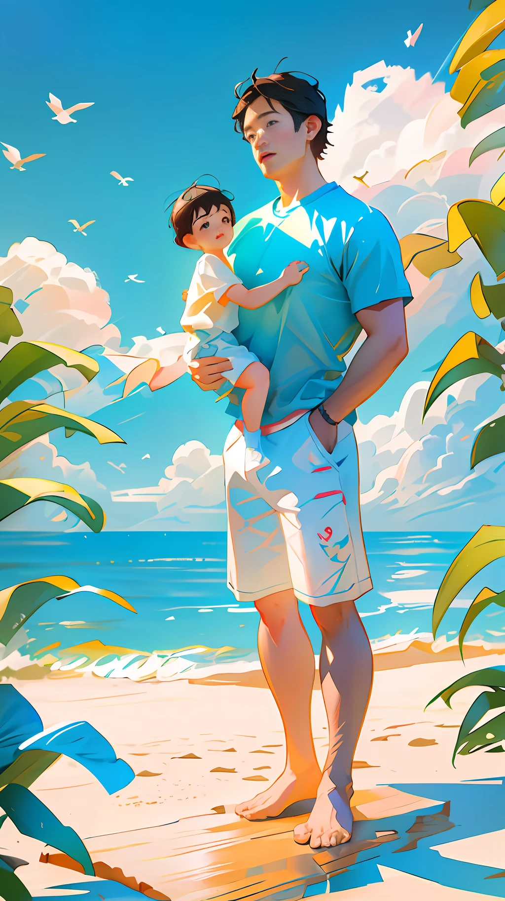 Illustration poster,, graphic illustration, Father's Day, Asian, middle-aged father and son,; The back of two people, shirt, middle-aged father holding child, seaside, sunny, blue sky and white clouds, sand, bright colors, high saturation, contour light, warm and bright, HD 8K --v6