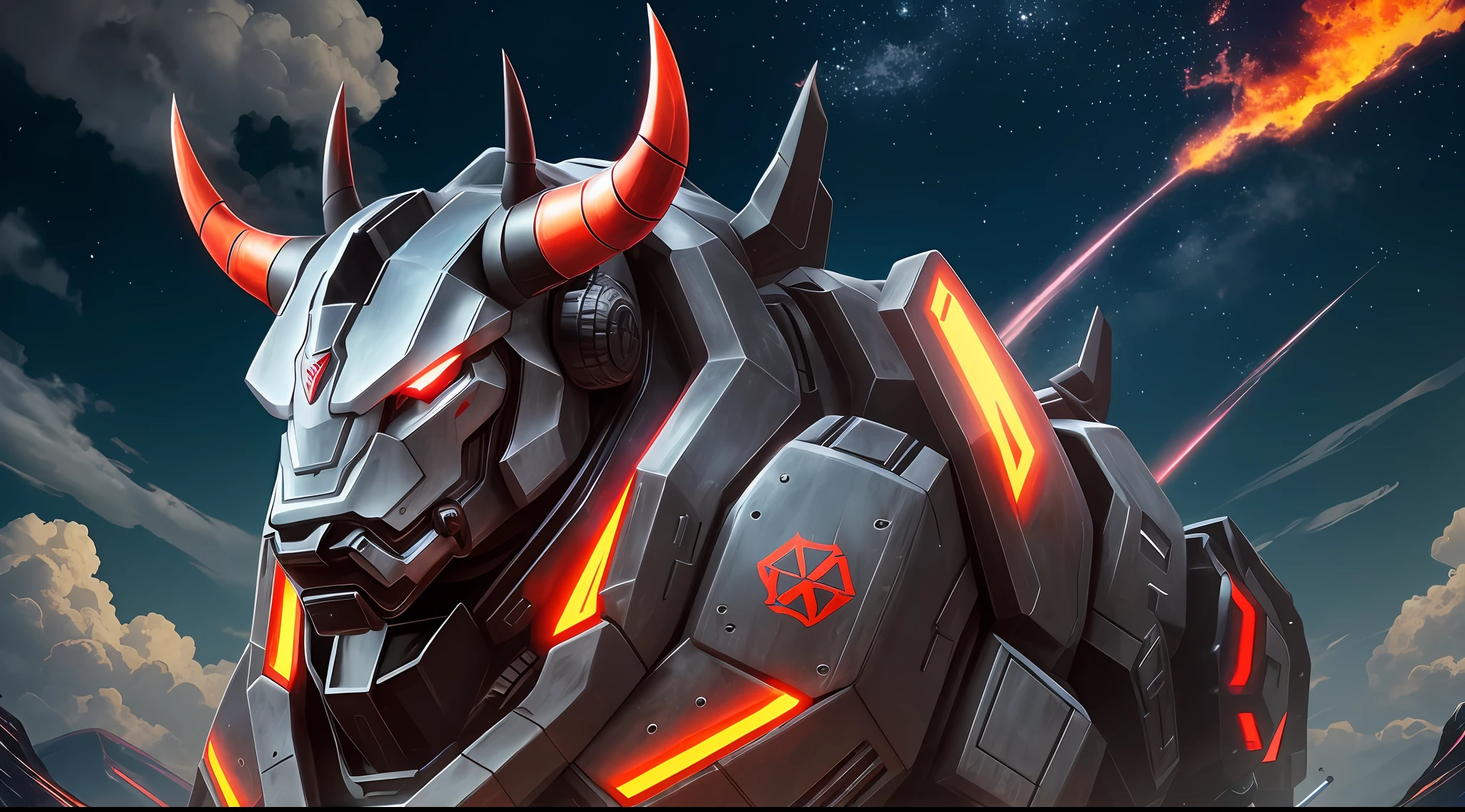 A closeup of a robot bull with a big horn, Black Bull Samurai, moon bull samurai, Animal Robot, mecha animal, futuristic robot devil, Bull, stylized cyberpunk minotaur logo, Minotaur in ancient armor, Minotaur of the Way of Exile, Minotaur, Transformers Movie Style Tech, high on an erupting volcano --auto --s2