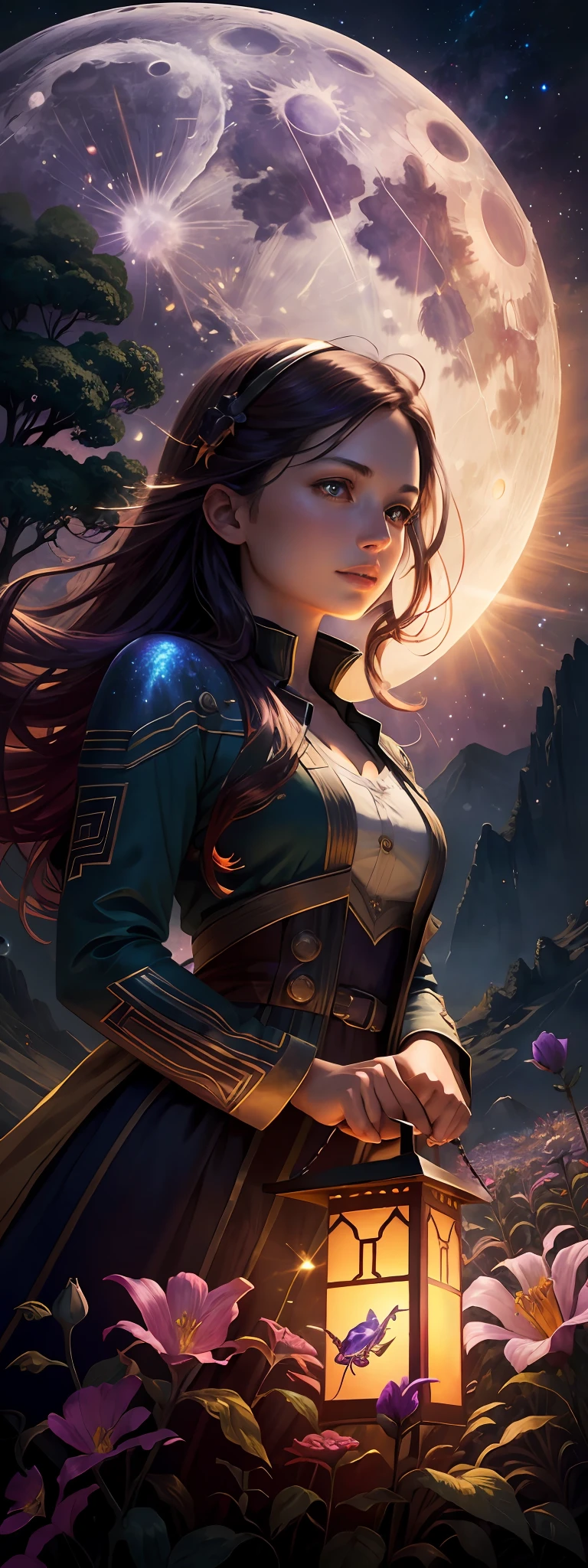 expansive landscape photograph , (a view from below that shows sky above and open field below), a girl standing on flower field looking up, (full moon:1.2), ( shooting stars:0.9), (nebula:1.3), distant mountain, tree BREAK
production art, (warm light source:1.2), (Firefly:1.2), lamp, lot of purple and orange, intricate details, volumetric lighting BREAK
(masterpiece:1.2), (best quality), 4k, ultra-detailed, (dynamic composition:1.4), highly detailed, colorful details,( iridescent colors:1.2), (glowing lighting, atmospheric lighting), dreamy, magical, (solo:1.2)