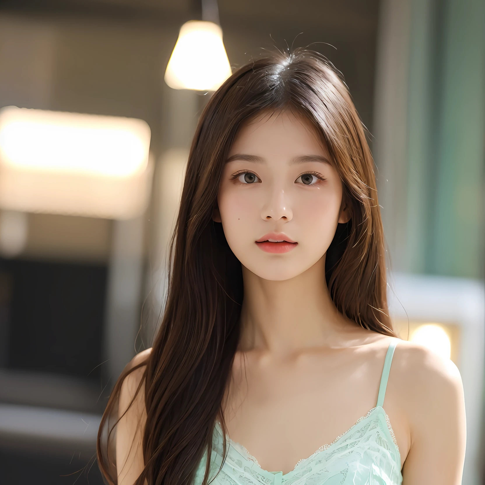 RAW, portrait photo of a 20 y.o girl, solo, top quality, realistic, realistic, very detailed, very delicate and beautiful, professional lighting, face lighting, depth of field, single focal, full body, brown hair, brown eyes, small head, fashion girl, beautiful eyes, real face, real skin, real face, realistic skin, detailed eyes, mint lace cami, fashionable hairstyle: 1.3 Dynamic poses, viewers, detailed face and chest look,