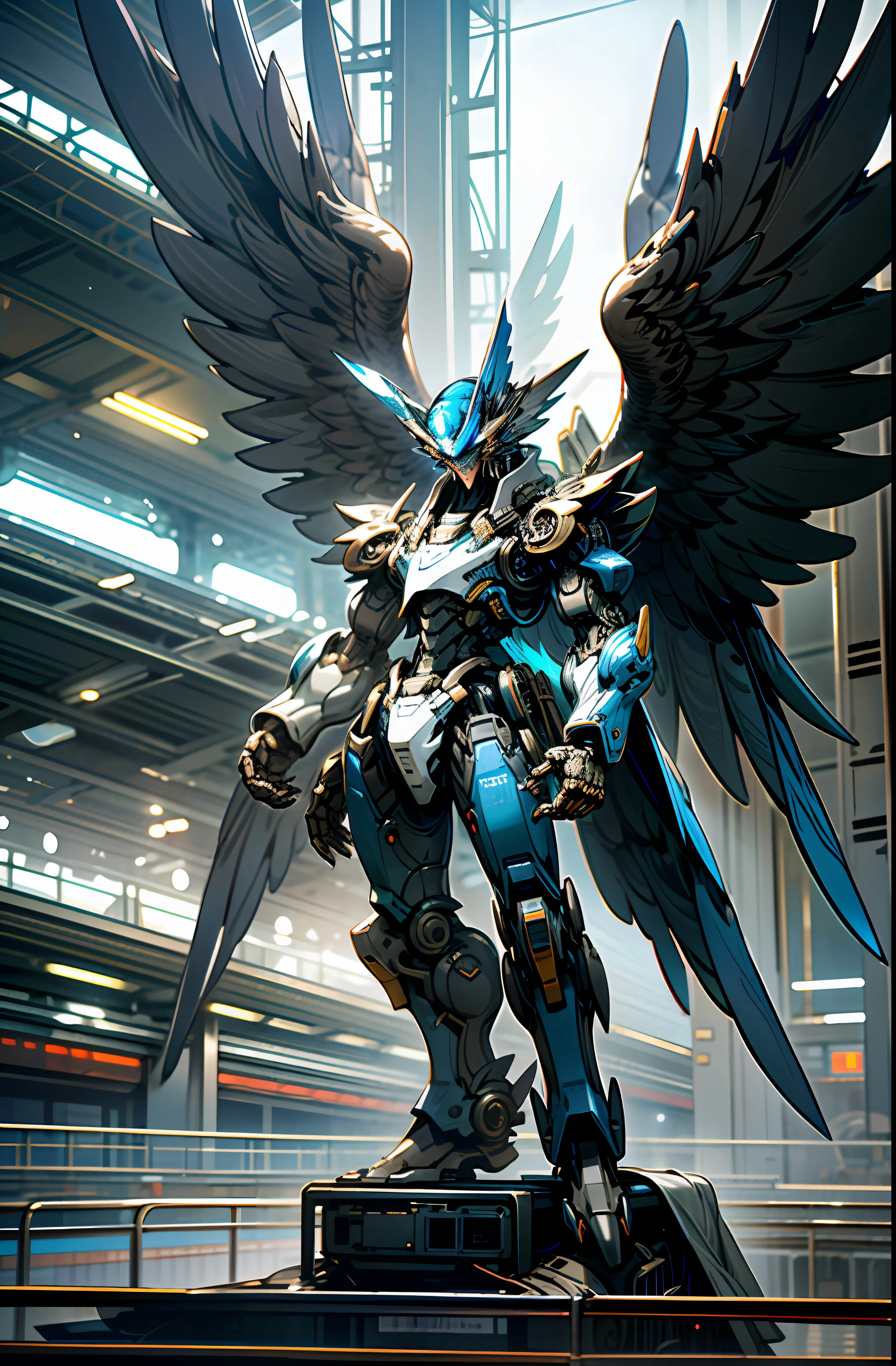 Dark_Fantasy, Cyberpunk, (blue:1.5), 1 Eagle, Mechanical marvel, Robotic presence, wearing shabby and flexible mech suits, blue eagle-shaped mechs, skinny mechs, a pair of mechanical flying wings on the back, mecha flying wings, claw gloves, eagle beak helmet, blue lights, intricate, (steel metal [rusty]), elegant, clear focus, by greg Rutkowski shooting, soft lighting, bright colors, masterpiece, ((airport)), dynamic pose