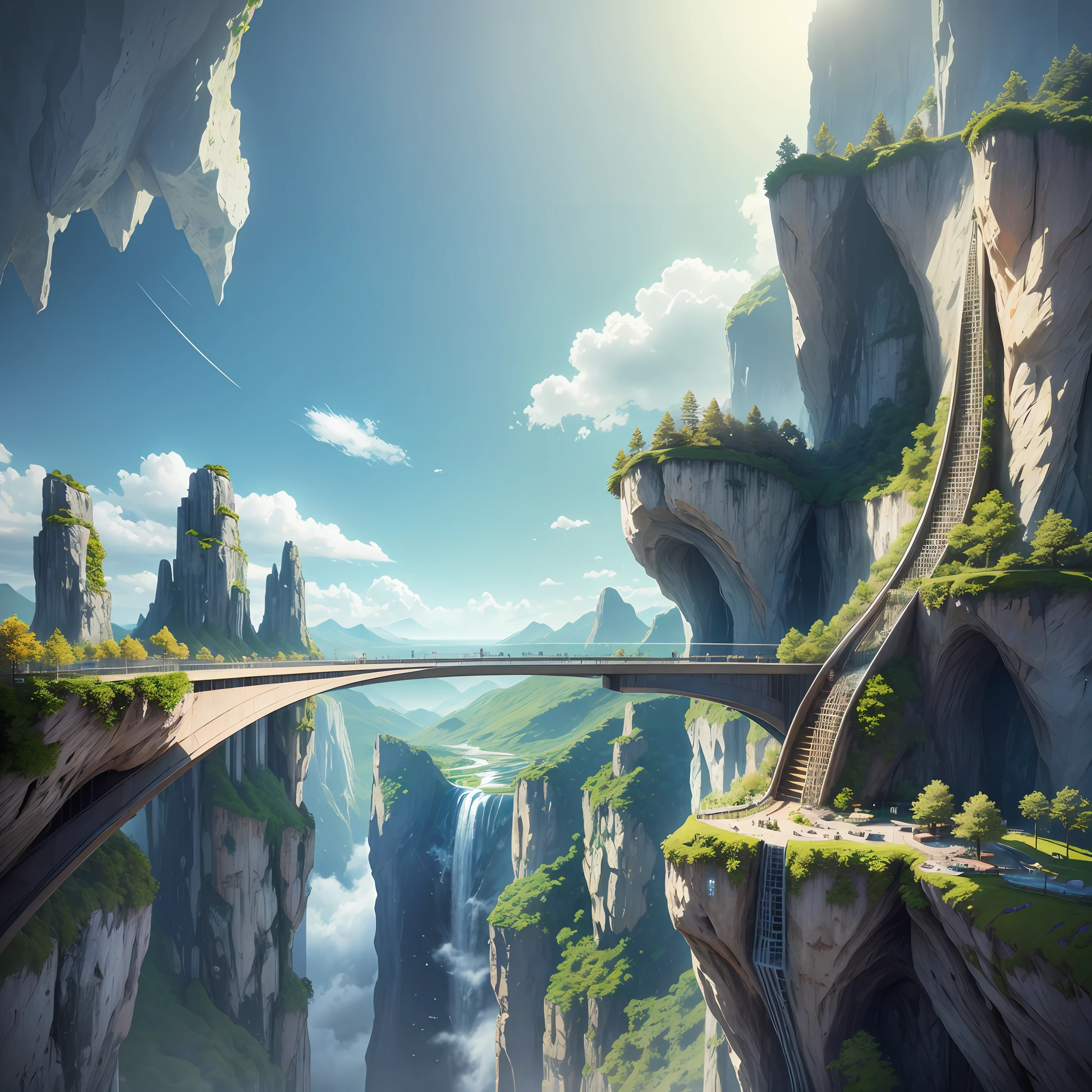 Realistic fantasy, detail, realism, computer clarity, 8kk, cliff, waterfall, glass bridge to the sky, wind (high ultra-clarity, detail of nature), in the rock city (ultra-high detail of the city), (glass high-rise buildings), streets, many people, --auto --s2