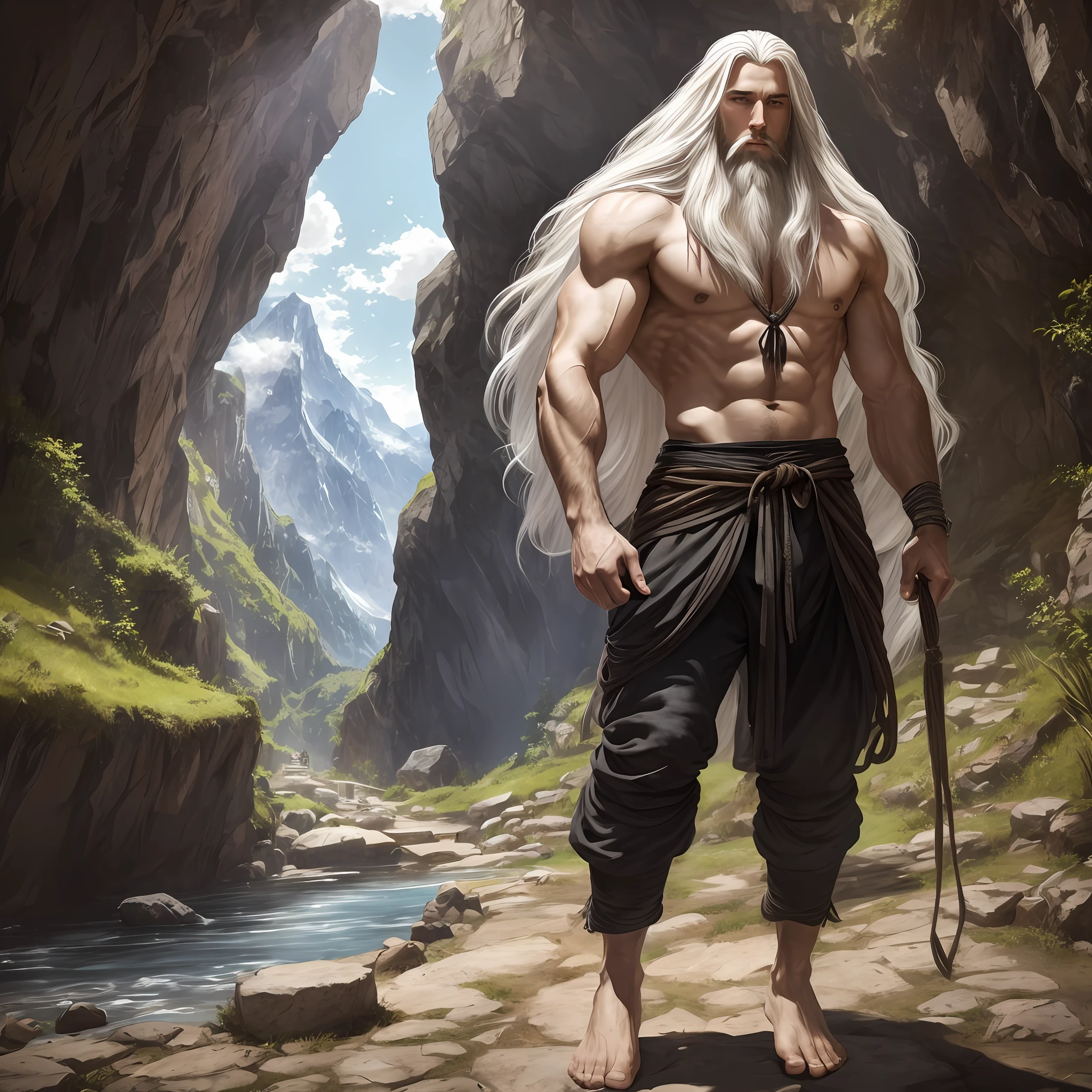 Young man tall muscular, wide, With long white hair and a small beard, wearing a black medieval pants, barefoot, hanging out at the entrance of a cave in the mountains, Realistic, Full HD, best quality