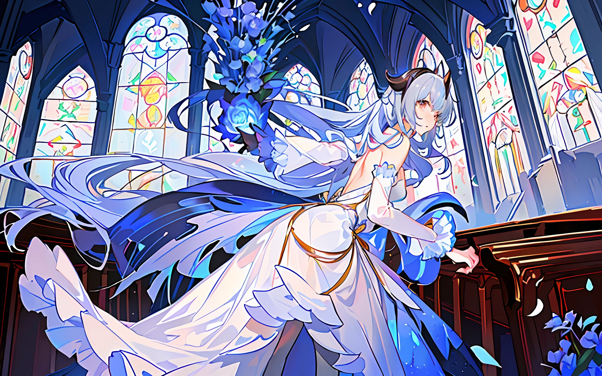 (Little Girl: 1.5), Lace, Ribbon, Wedding Dress, (Masterpiece, Side Light, Delicately Beautiful Gray Eyes: 1.2), Masterpiece, Realism, Glowing Eyes, Shiny Hair, Blue Hair, Long Hair, Shiny Skin, Solo, Embarrassment, Bandeau, Delicate, Beautiful, Church, Flowers, Fluttering Petals, Ponytail, Red Horns, Bells,