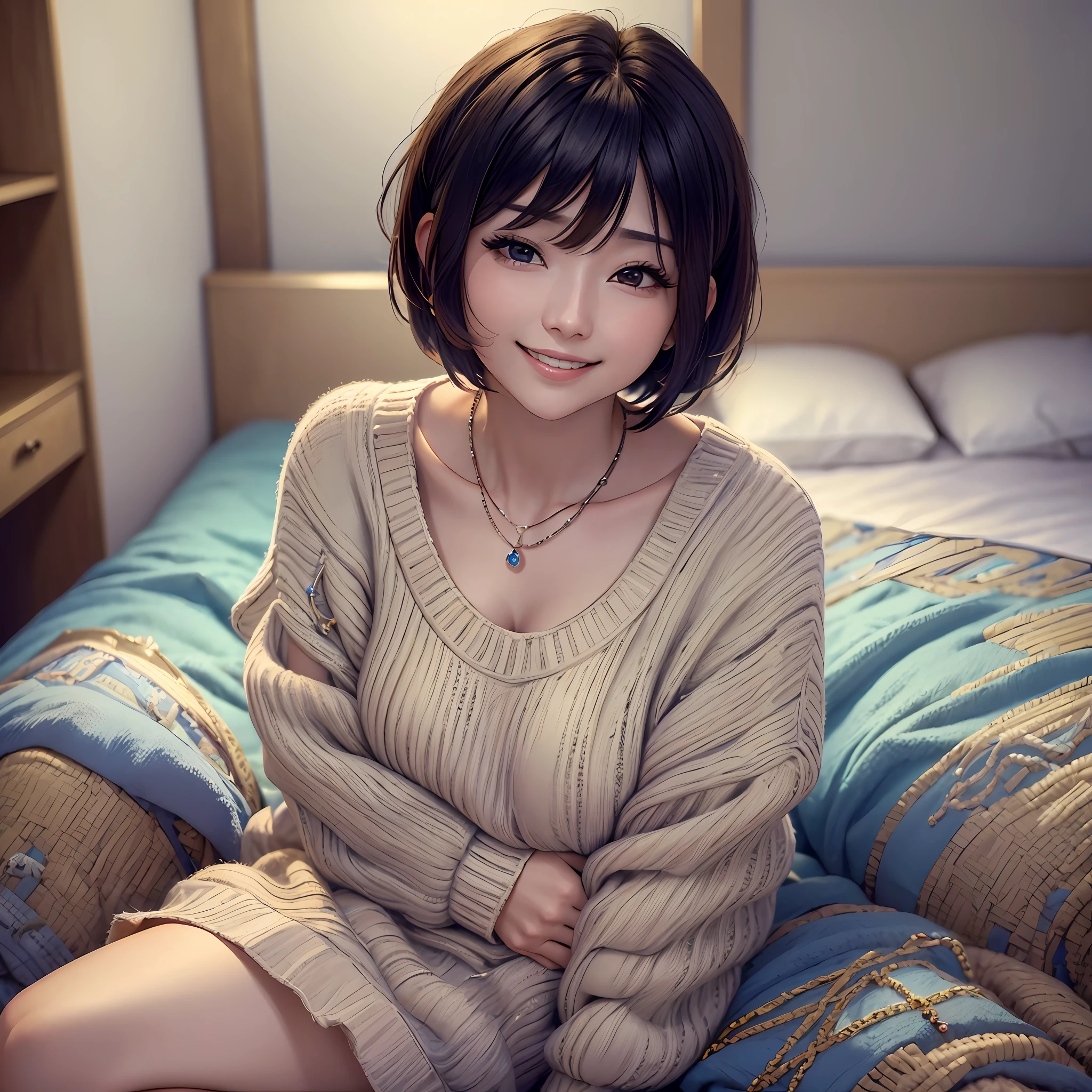 (Best Quality, 8k, 32k, Masterpiece, UHD: 1.2), Cute Japan Woman Pictures, Big, Short Bob Hair, Upper Body, (oversized_sweater, :1.1) Necklace, Bedroom Bed, Look Around, Smiling --auto --s2