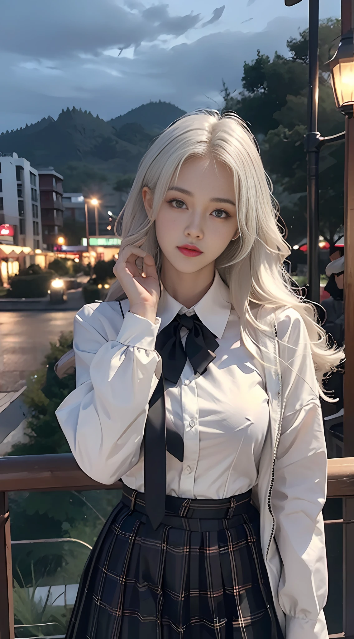 ((Realistic lighting, Best Quality, 8K, Masterpiece: 1.3)), Clear Focus: 1.2, 1girl, Perfect Body Beauty: 1.4, Slim Abs: 1.1, ((White Hair, Big Breasts: 1. 8)), Cowgirl Pose, (Outdoor, Night: 1.1), Nightclub Street, Super Fine Face, Fine Eye Wear, Double Eyelids, Curly Hair, Student Uniform, Lace Trim