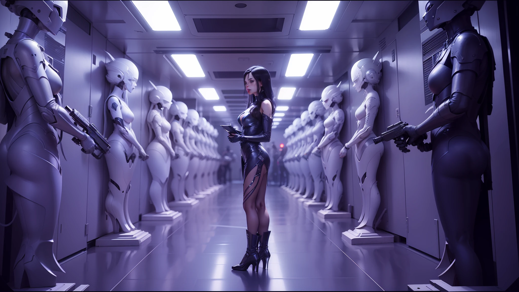 a close up of a woman in a red dress in a futuristic building, greg rutkowski and h r giger, still from a music video, ayami kojima and lyde caldwell, andrei riabovitchev symmetrical, anamorphic widescreen, trending at cgstation, die antwoord, nekro --ar 16:9 --auto --s2
