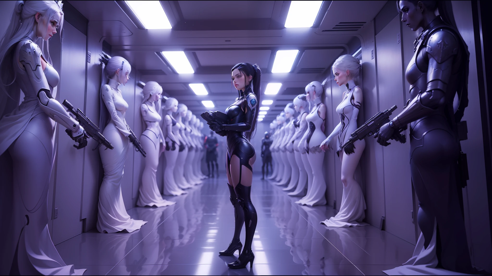 a close up of a woman in a red dress in a futuristic building, greg rutkowski and h r giger, still from a music video, ayami kojima and lyde caldwell, andrei riabovitchev symmetrical, anamorphic widescreen, trending at cgstation, die antwoord, nekro --ar 16:9 --auto --s2