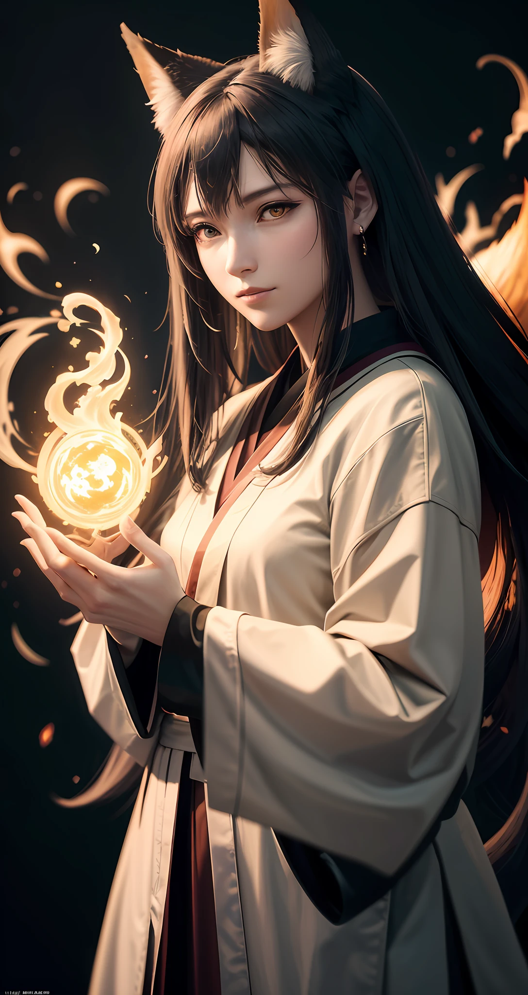 1girl, solo, official art, unity 8k wallpaper, ultra detailed, beautiful and aesthetic, masterpiece, best quality, photorealistic, Kitsune witch, fox mask, haori jacket, (foxfire spell), fox familiar, transformation, depth of field, Fantastical Atmosphere, Calming Palette, Tranquil Mood, Soft Shading (zentangle, mandala, tangle, entangle:0.7) abstract background, the most beautiful form of chaos, elegant, a brutalist designed