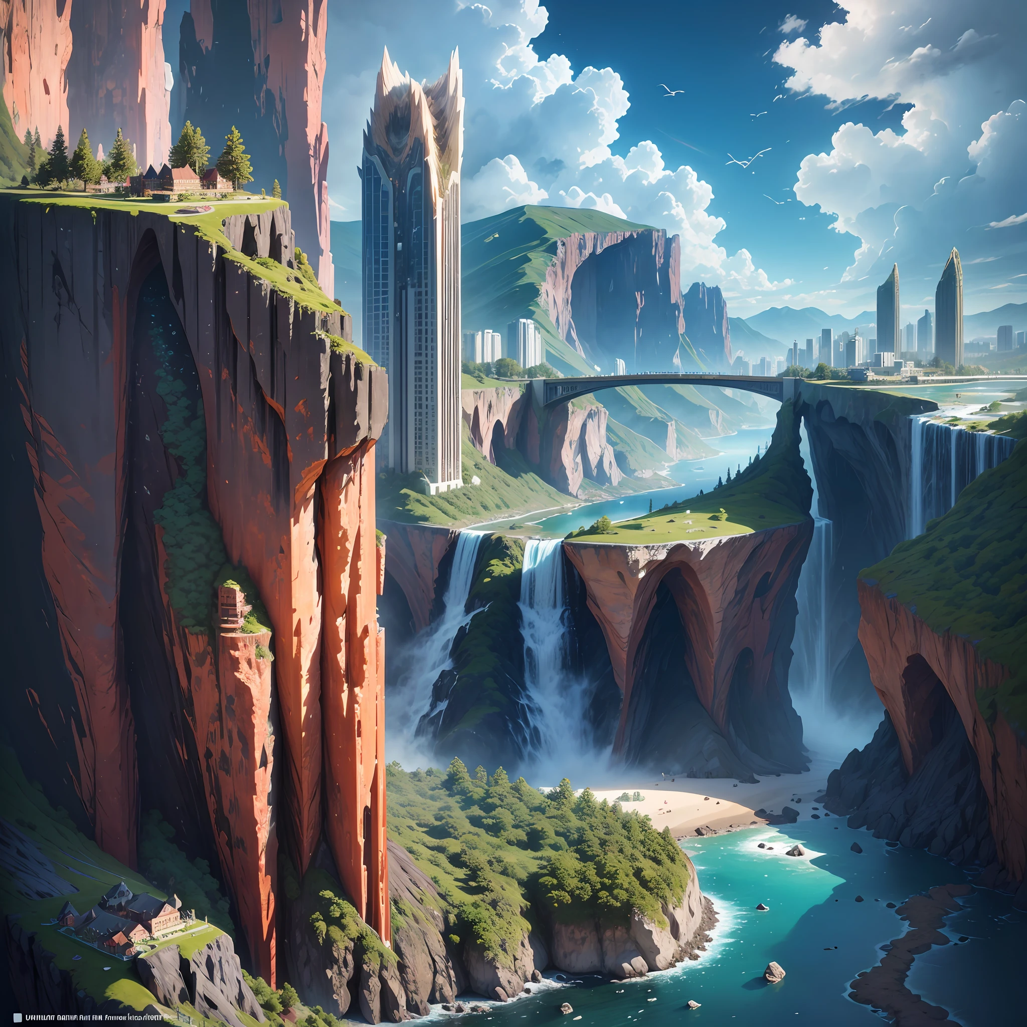 Realistic fantasy, detail, realism, computer clarity, 8kk, cliff, fiery waterfall, frozen lava, shore in pearl, glass bridge, wind (high ultra-clarity, detail of nature), in the rock city (ultra-high detail of the city), (glass high-rise buildings), streets, many people, --auto --s2