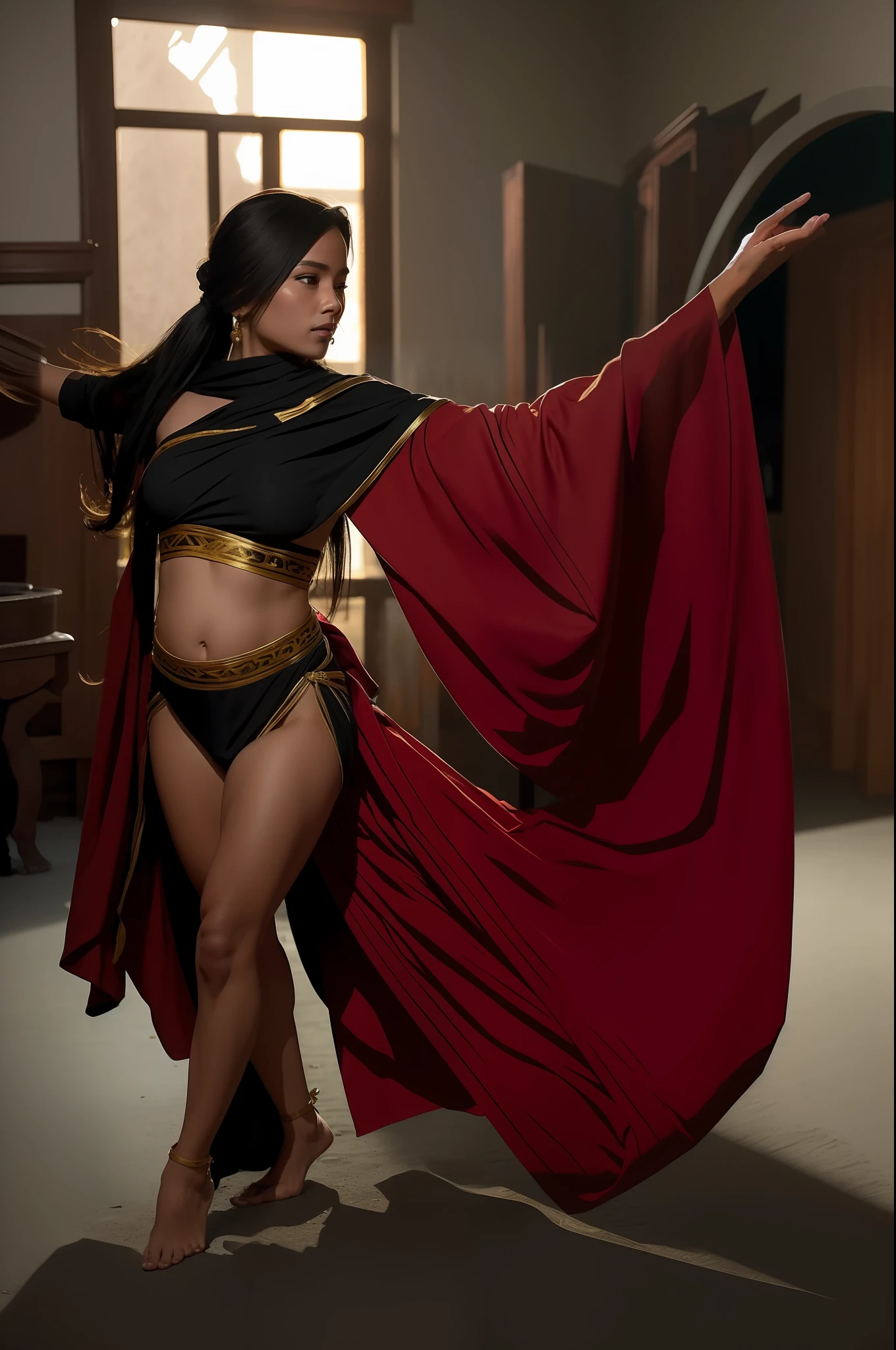 1girl, sundanese girl, long hair, ponytail, blonde hair, covered mouth, black, red, white indonesian transparent clothes, dancing, Indonesian culture style, night, exotic style, belly dancer, belly, shooting star, golden accessories, hair ornament, masterpiece, detailed face, full body, barefoot, cinematic shot on sony a7c ultra realistic, accurate hands Steve Henderson Fabian Perez
Henry Asencio Jeremy Mann Marc Simonetti fantasy magic, full body, aged down,
atmosphere, extreme hdr