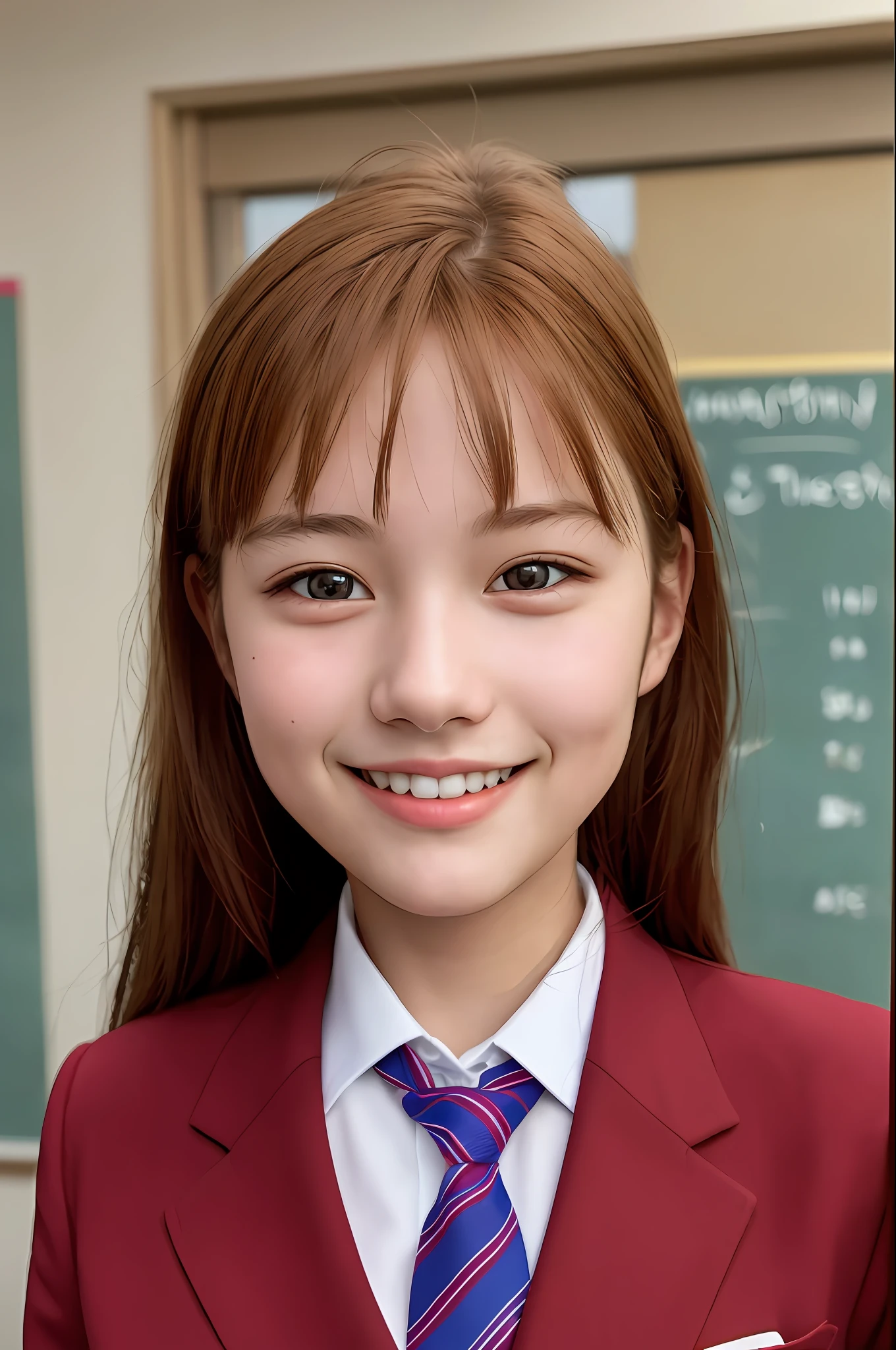 girl in one, beautiful face, 18 years old, smiling, looking viewer, school uniform, uniform, red tie, photo, realistic, best quality, adopted, detailed face, classroom, detailed background, diffused lighting, depth of field, bokeh