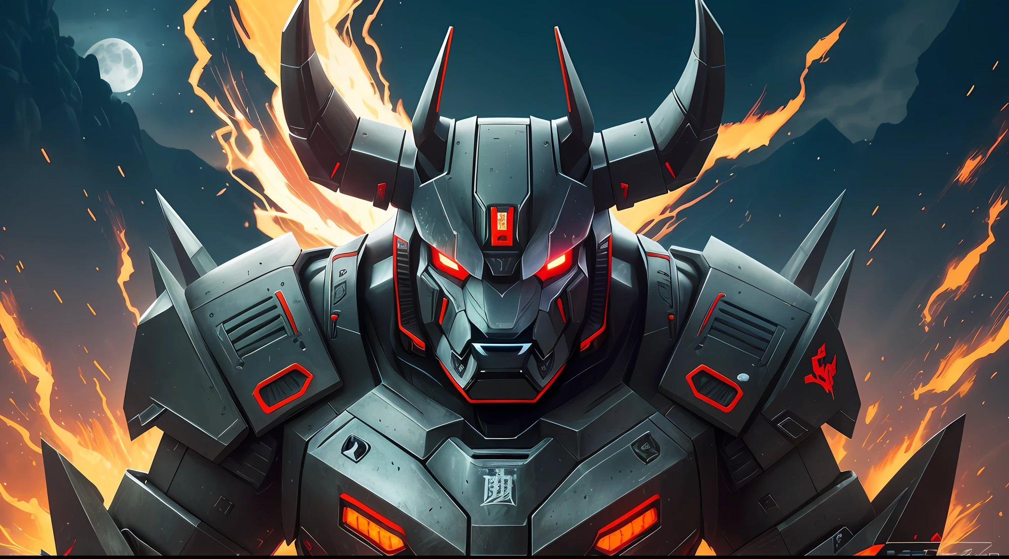 A closeup of a robot bull with a big horn, Black Bull Samurai, moon bull samurai, Animal Robot, mecha animal, futuristic robot devil, Bull, stylized cyberpunk minotaur logo, Minotaur in ancient armor, Minotaur of the Way of Exile, Minotaur, Transformers Movie Style Tech, high on an erupting volcano --auto --s2