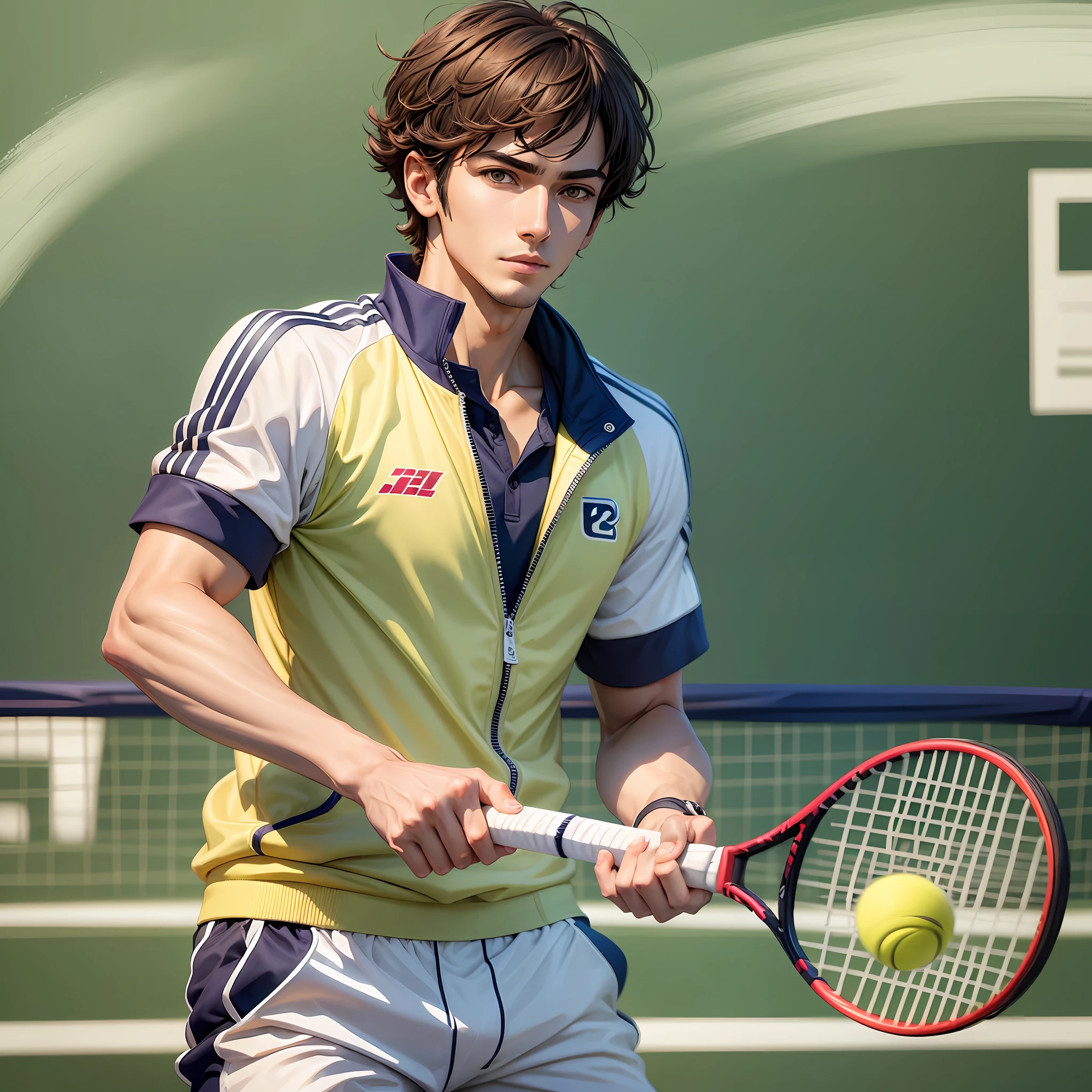 Please draw a handsome picture of a prince of tennis wearing a tennis suit playing tennis, he is a boy --auto --s2