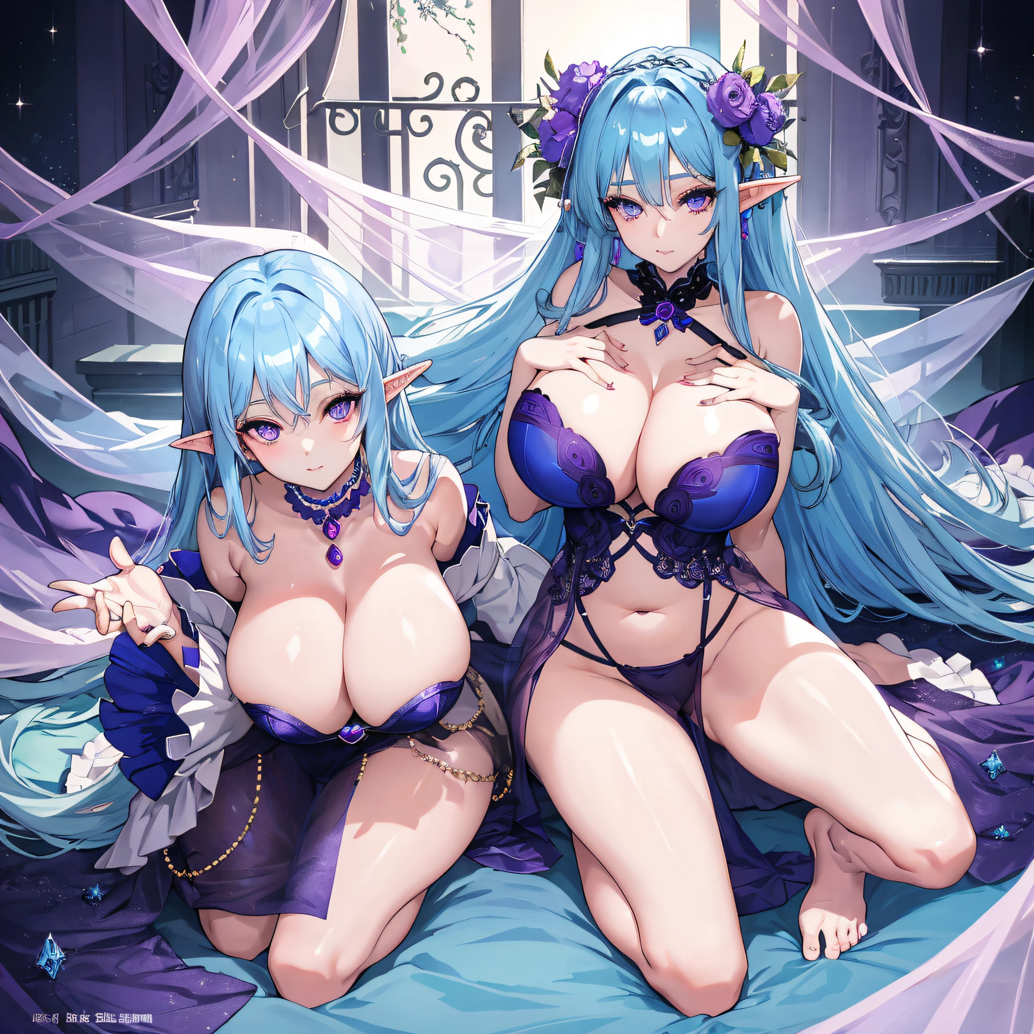Big elf, blue hair, purple jewel eyes, hot figure, big beauty, delicate and beautiful face, full body portrait, big eyes, beautiful face, big, transparent tulle, sexy and alluring, plump body, hands on chest, perfect body proportions