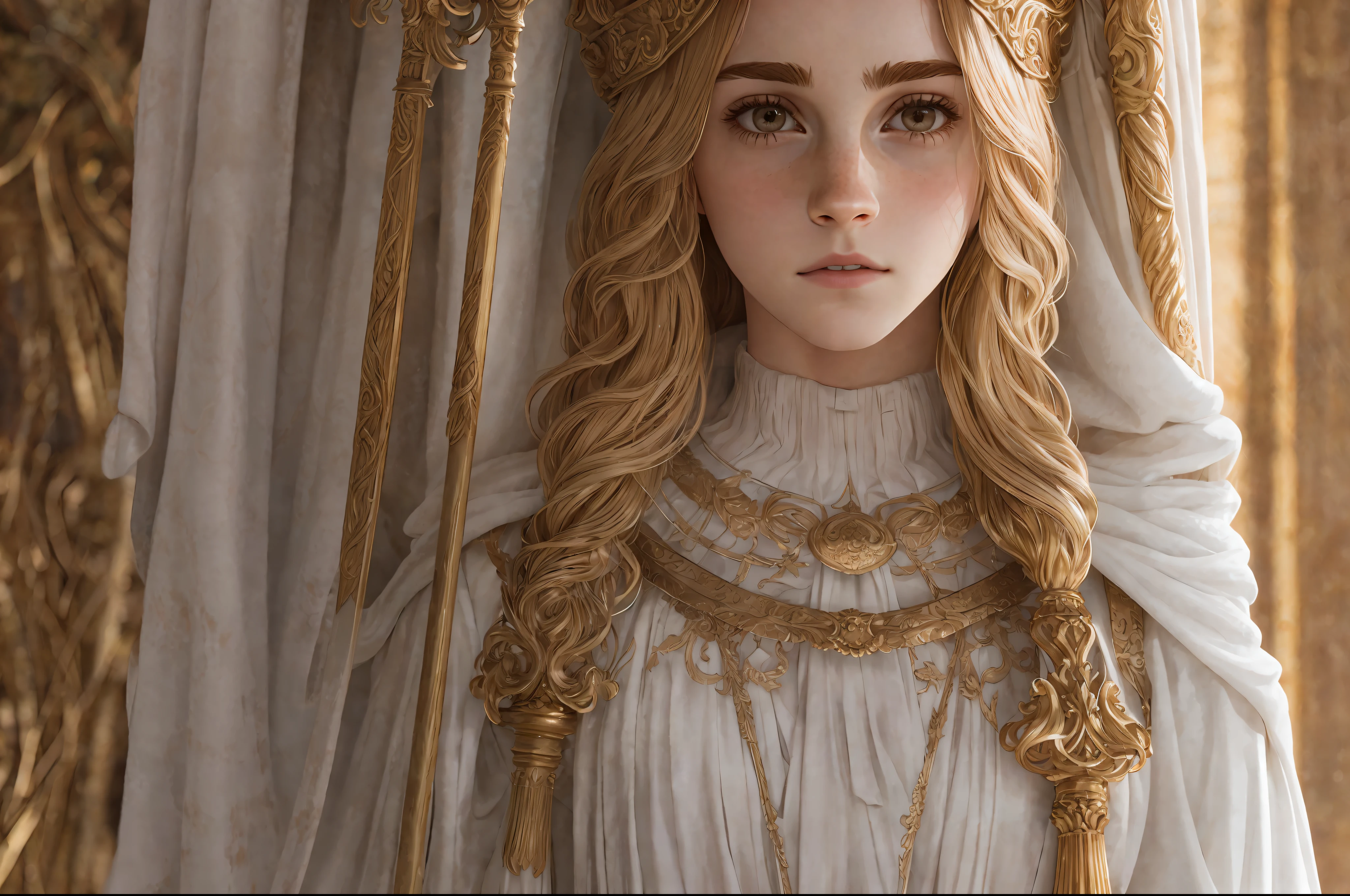 Emma Watson, alone, Hermione Granger, majestic white robes, beautiful and sculptural body, masterpiece, delicate features, lots of details, detailed face, detailed mouth, skin pores, sculptural and curvy body, childish face,