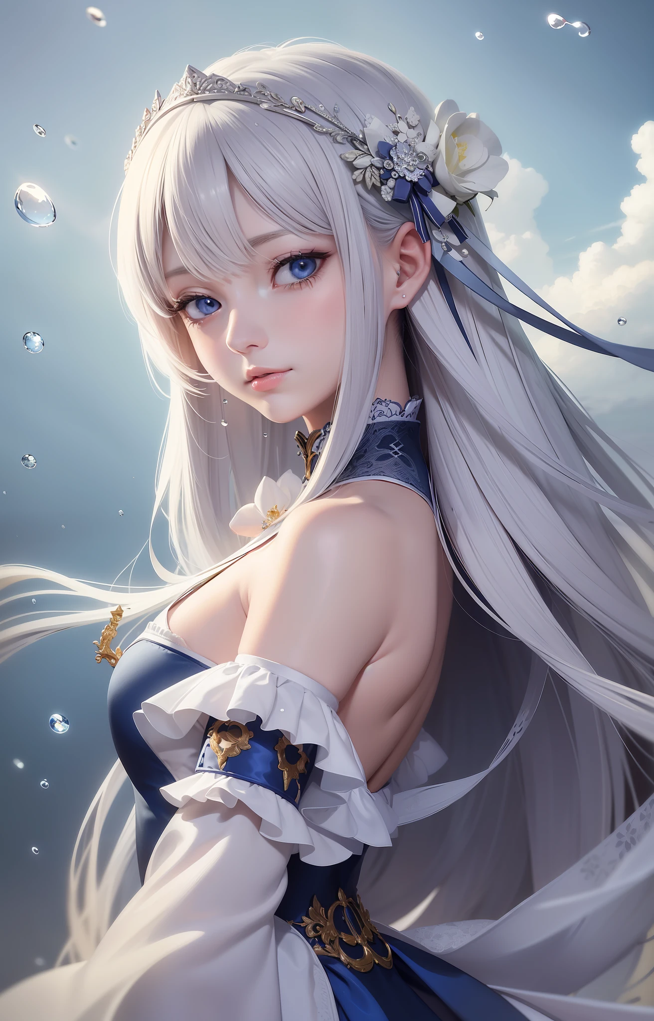 The beauty of the picture is no accident, this is a masterpiece! Its picture quality is as good as eight-K level delicate CG Unity wallpaper. It becomes the best illustration, and the floating effect is perfect. Under the high-resolution dynamic angle and posture, only one single girl stands out, with silver hair flowing in her blue eyes. She wore a white martial arts costume, tied a ribbon, and her beautiful face resembled a painting person. The symbolic background of water drops and clouds, vast and beautiful, plus the best quality watercolor presentation, you can't help but sigh!
