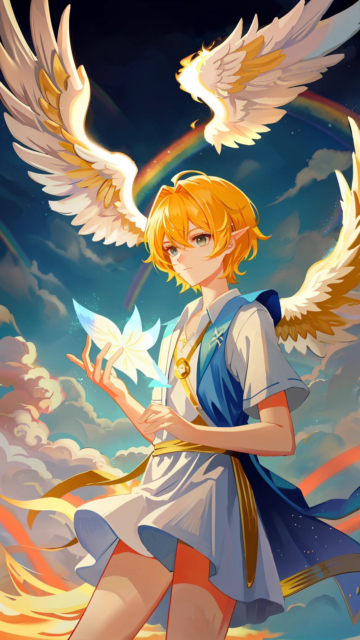 strong angel descend from heaven clothed with a cloud; There was a rainbow over his head, his face was like the sun, his legs were like pillars of fire, and he had in his hand a small scroll that had been opened.