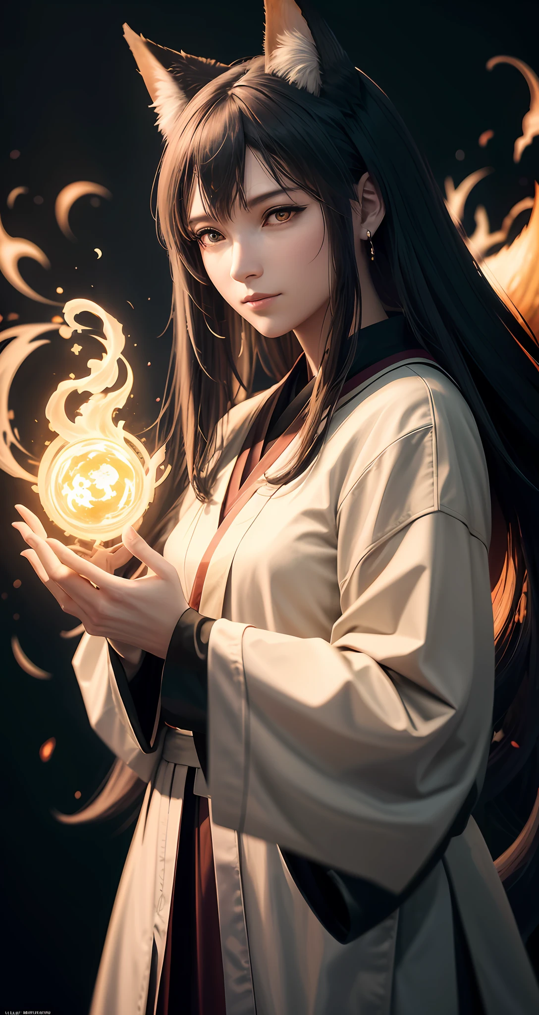 1girl, solo, official art, unity 8k wallpaper, ultra detailed, beautiful and aesthetic, masterpiece, best quality, photorealistic, Kitsune witch, fox mask, haori jacket, (foxfire spell), fox familiar, transformation, depth of field, Fantastical Atmosphere, Calming Palette, Tranquil Mood, Soft Shading (zentangle, mandala, tangle, entangle:0.7) abstract background, the most beautiful form of chaos, elegant, a brutalist designed
