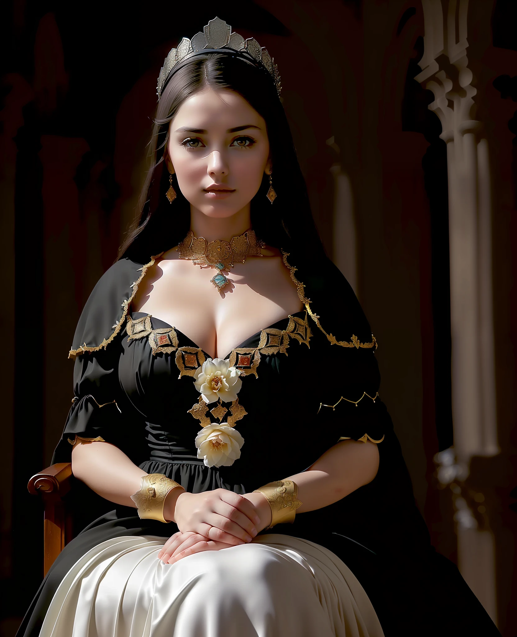 portrait of a beautiful woman, 15 years old. Of the Skin extremely white porcelain, Spanish, long on shoulders black and smooth, fringe of Amazonian India, crown of princess, western eyes all black, color all black, thick eyebrow, striking look, rounded face, (((big cheeks)), sitting on a throne of Viking royalty, with a red dress of period in the middle ages, in an area where it has a Gothic church,  hell and graveyard expensive would be (backlit), realistic, masterpiece, high quality, brightness, shadow, flower, gothic, [[chromatic aberration]], by Jeremy Lipking, by Antonio J. Manzanedo, digital painting, Spanish, 8k uhd,, forest, stones on the bank, river, wood, smoke, shadows, contrast, dark sky, style , (warm hue, warm tone