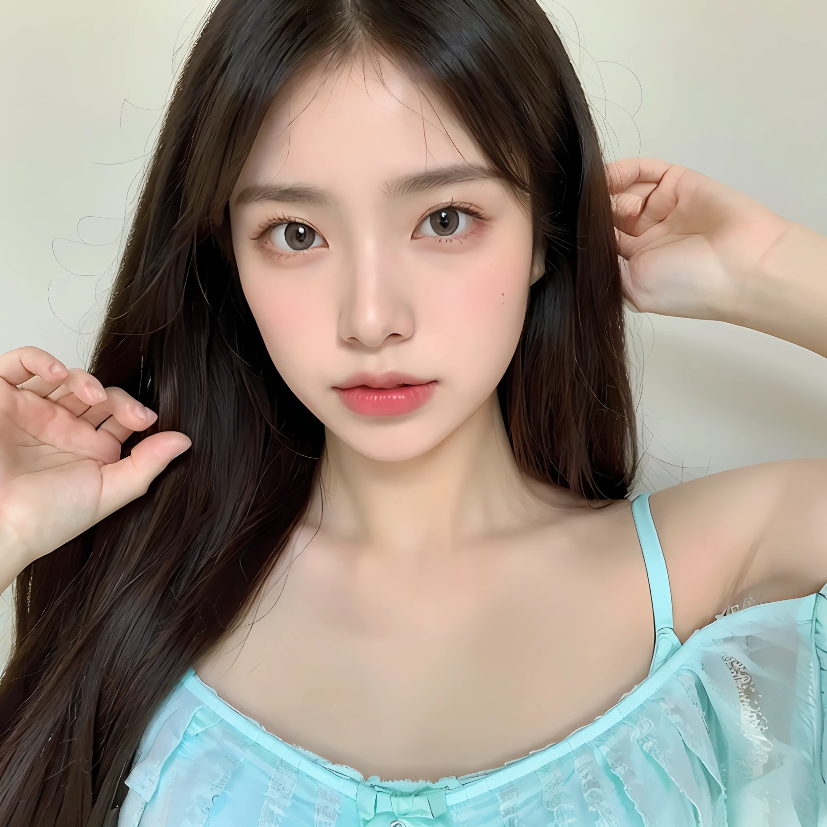 RAW, portrait photo of a 20 y.o girl, solo, top quality, realistic, realistic, very detailed, very delicate and beautiful, professional lighting, face lighting, depth of field, single focal, full body, brown hair, brown eyes, small head, fashion girl, beautiful eyes, real face, real skin, real face, realistic skin, detailed eyes, mint lace cami, fashionable hairstyle: 1.3 Dynamic poses, viewers, detailed face and  look,