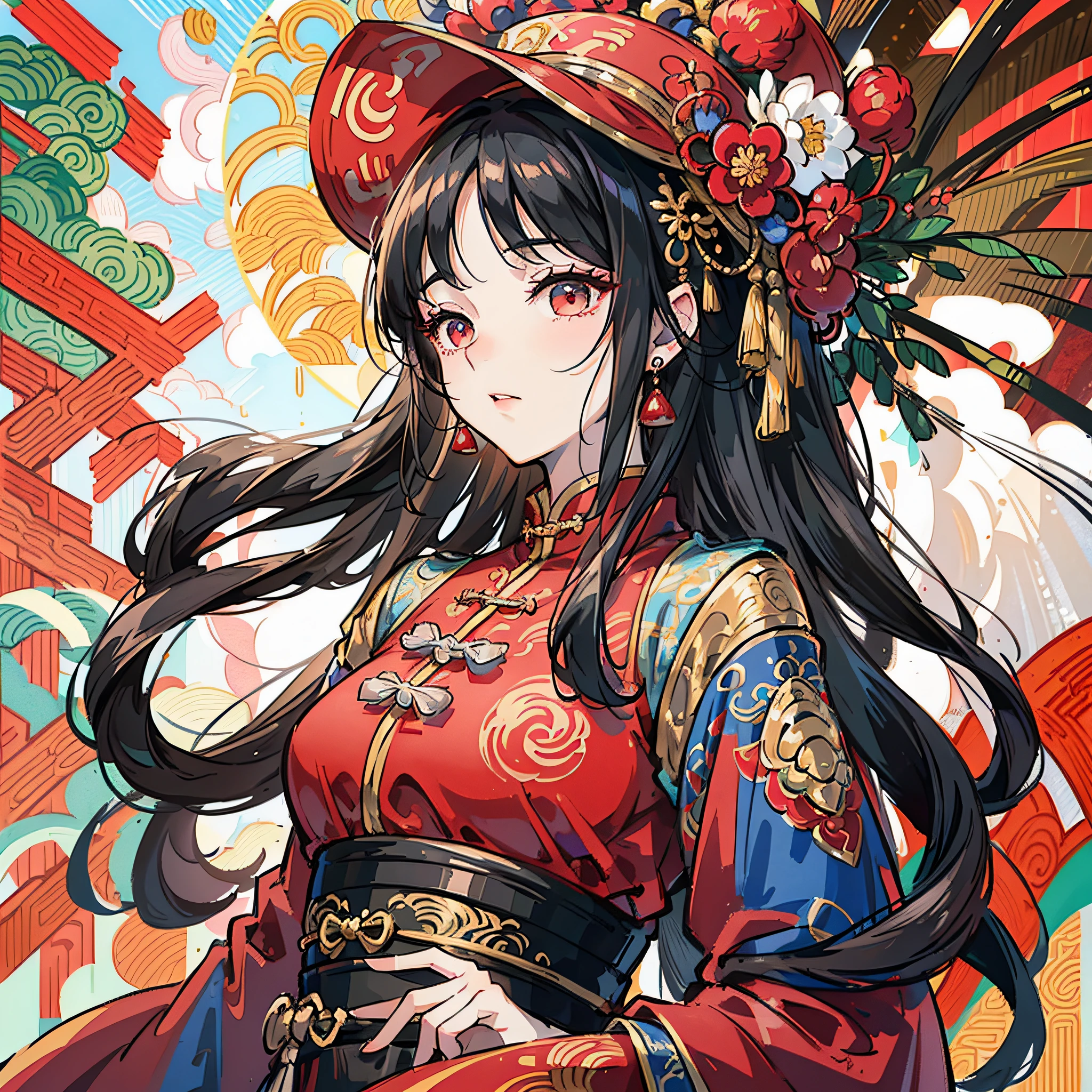 Morning, sunny, Chinese-style architecture, Arad woman in red dress and silver hat, black hair, long hair, eyes looking into the distance, eyes with expectant eyes, breasts, dynamic angle, dynamic pose, traditional Chinese clothing, Chinese woman, palace, Hanfu girl, Chinese tradition, wearing authentic costume, wearing gorgeous costume, wearing gorgeous costume, wearing gorgeous costume, wearing ancient Chinese costume, Chinese girl, traditional clothing, Chinese costume, traditional costume, ancient Chinese clothing, traditional Thai costume, Color saturation, warm light, ray tracing, cinematic light, realism, super detail, high resolution, best quality, photo, 8K, mobile wallpaper, --auto --s2