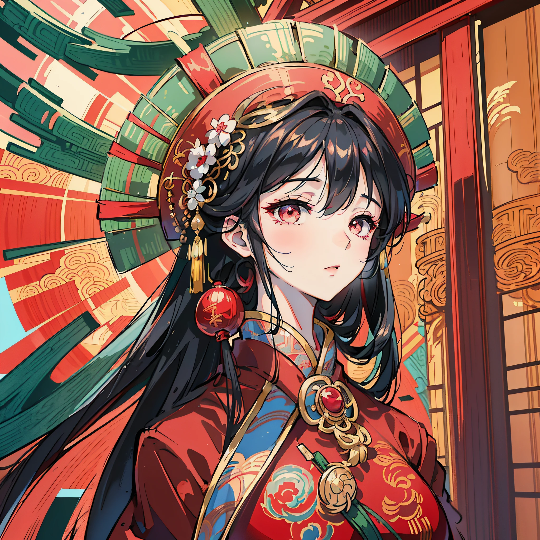 Morning, sunny, Chinese-style architecture, Arad woman in red dress and silver hat, black hair, long hair, eyes looking into the distance, eyes with expectant eyes, breasts, dynamic angle, dynamic pose, traditional Chinese clothing, Chinese woman, palace, Hanfu girl, Chinese tradition, wearing authentic costume, wearing gorgeous costume, wearing gorgeous costume, wearing gorgeous costume, wearing ancient Chinese costume, Chinese girl, traditional clothing, Chinese costume, traditional costume, ancient Chinese clothing, traditional Thai costume, Color saturation, warm light, ray tracing, cinematic light, realism, super detail, high resolution, best quality, photo, 8K, mobile wallpaper, --auto --s2