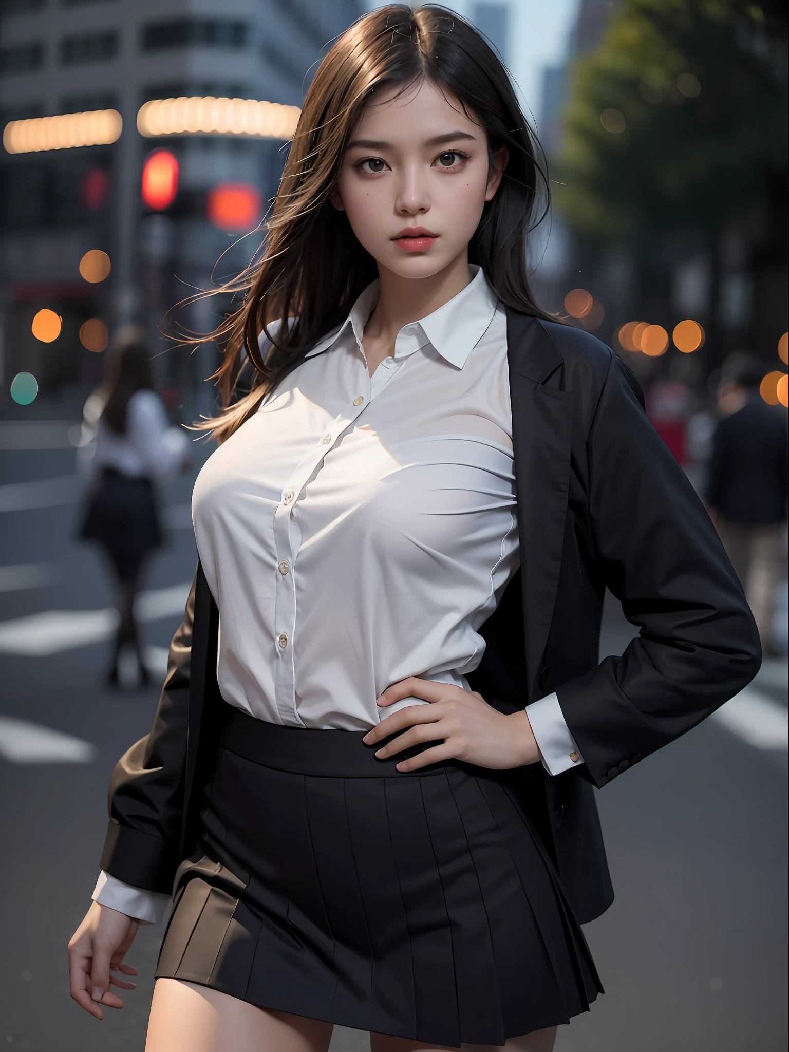 Best quality, masterpiece, ultra high res, (photorealistic:1.4), raw photo, (perfect body shape), dynamic pose, 1girl, waist up, solo, school uniform, in the dark, night, on the street, deep shadow, low key, cold light 12000K