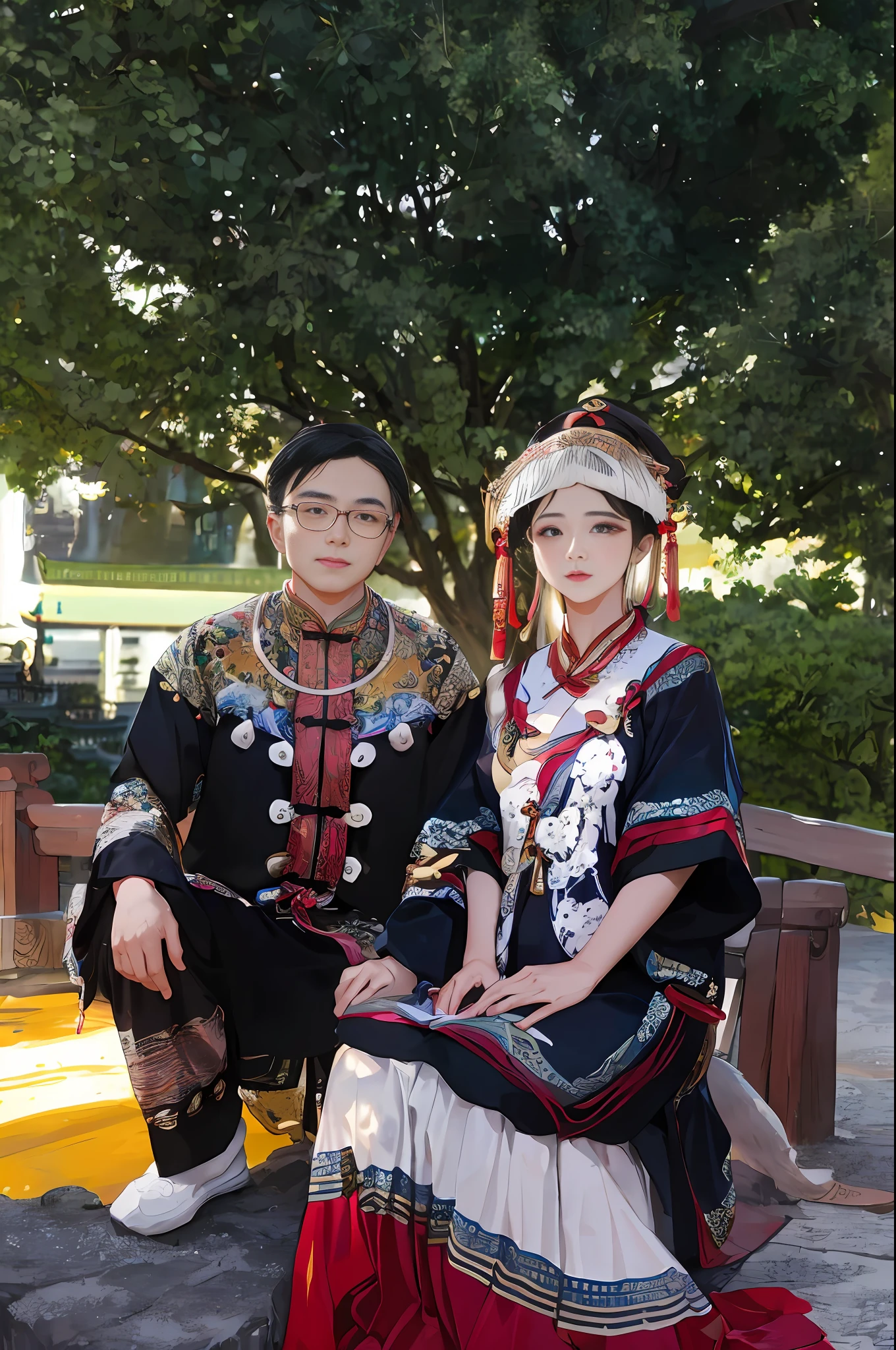 (Traditional Chinese costumes, Chinese ancient costumes, Miao inspiration) On the benches of the two, the man on the left wears glasses, the woman on the right is gentle and elegant, and the Ruan family and Fenghua Zhong are dressed in traditional costumes and ancient Chinese costumes, showing the beauty of Chinese classics.
