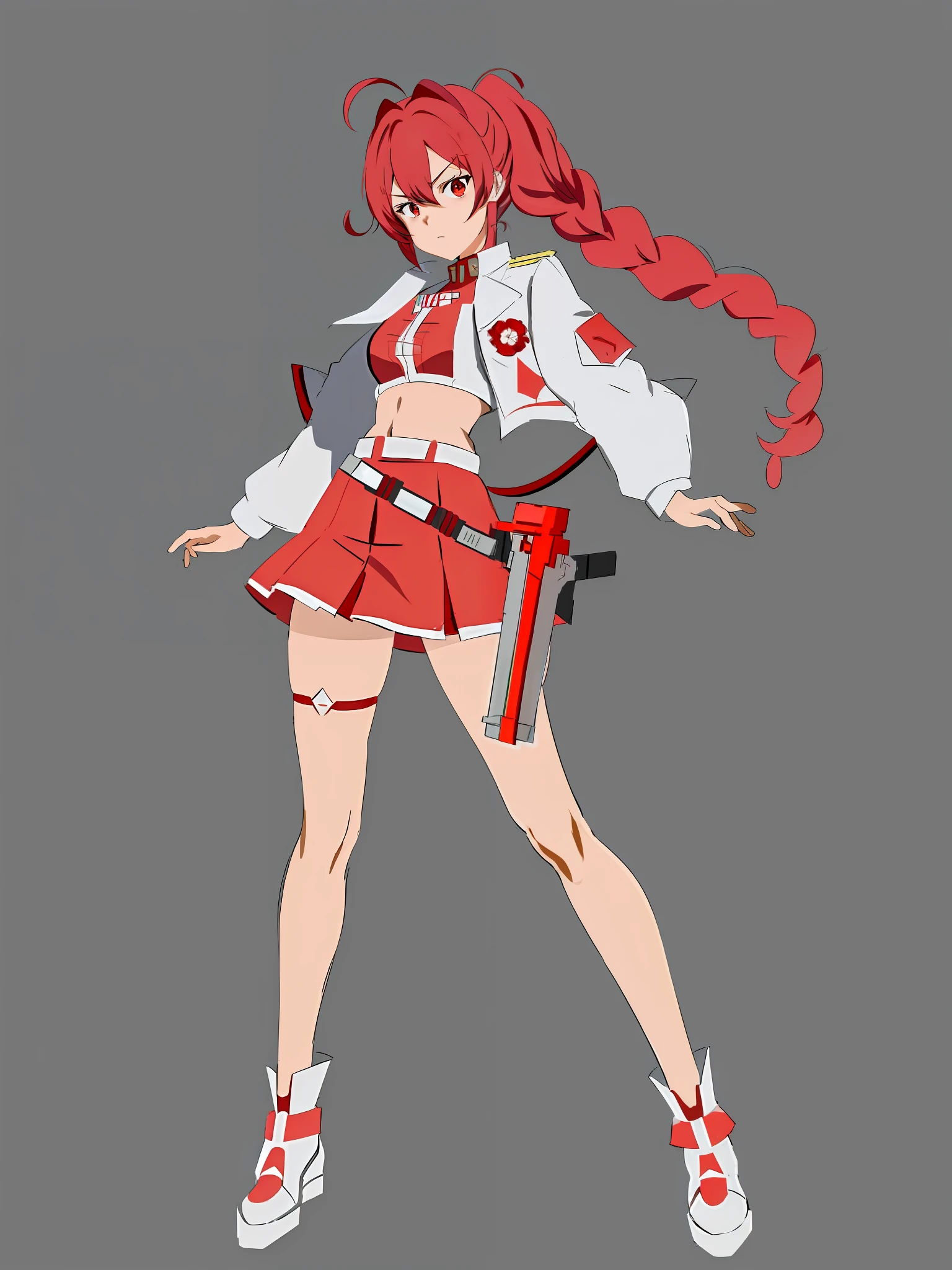 anime girl in a red and white uniform with a gun, cushart krenz, female protagonist 👀 :8, cushart kenz, female action anime girl, sakura kinomoto, guilty gear art style, female anime character, anime character design, anime style character, katana zero video game character, sakura haruno, (best quality) (masterpiece,)