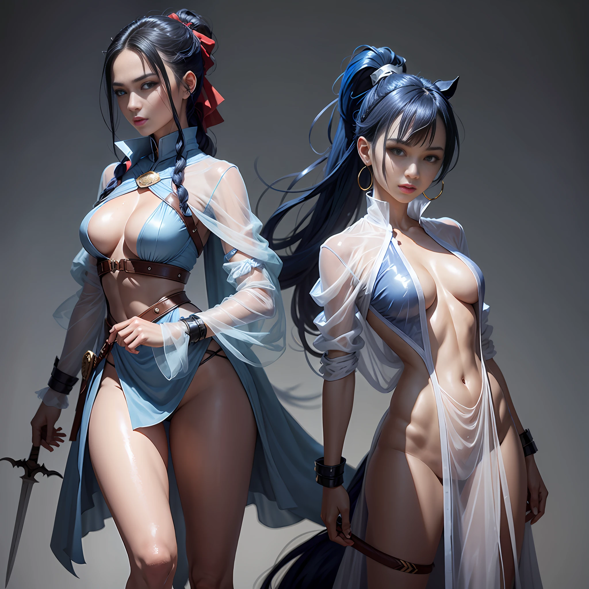 Ponytail, beautiful female warrior, approximately 20 years of age, with a perfect body and dressed only organza transparent coat, The character has dark blue hair with red highlights, tied in a horse tail, and holds a short sword in her hand. I would like the drawing to be done in any graphic convention that fits the character’s nature, wet skin, shiny skin, transparent organza flowing coat, photorealistic: 2.0. Shiny skin,