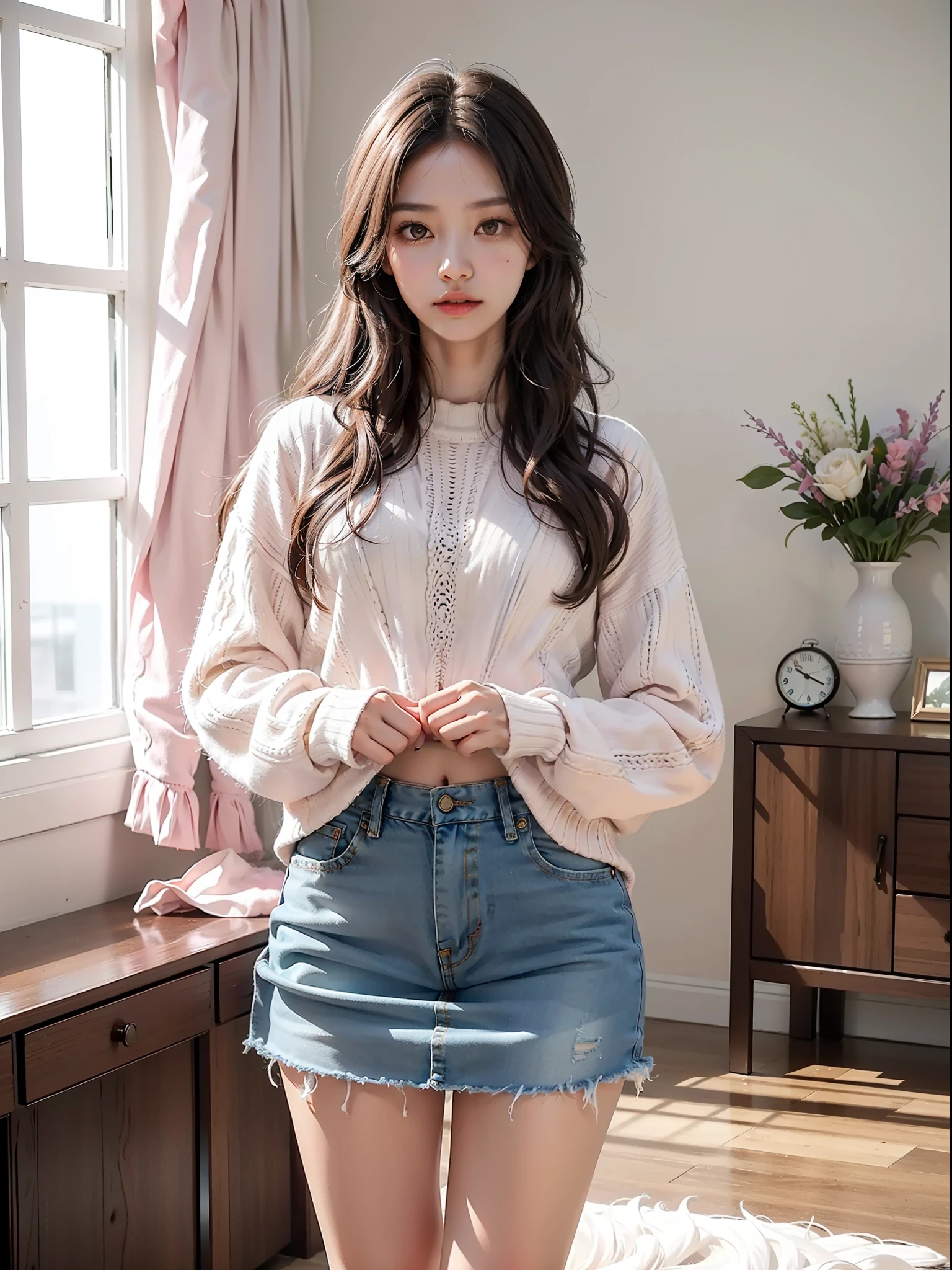 Image quality, high quality, realistic, high-quality costumes, detailed and delicate skin, perfect finger modeling, light makeup, indoors, knitted, long sleeves, pink, white, denim mini skirt, skinny, semi-long hair, thin legs, whitening skin
