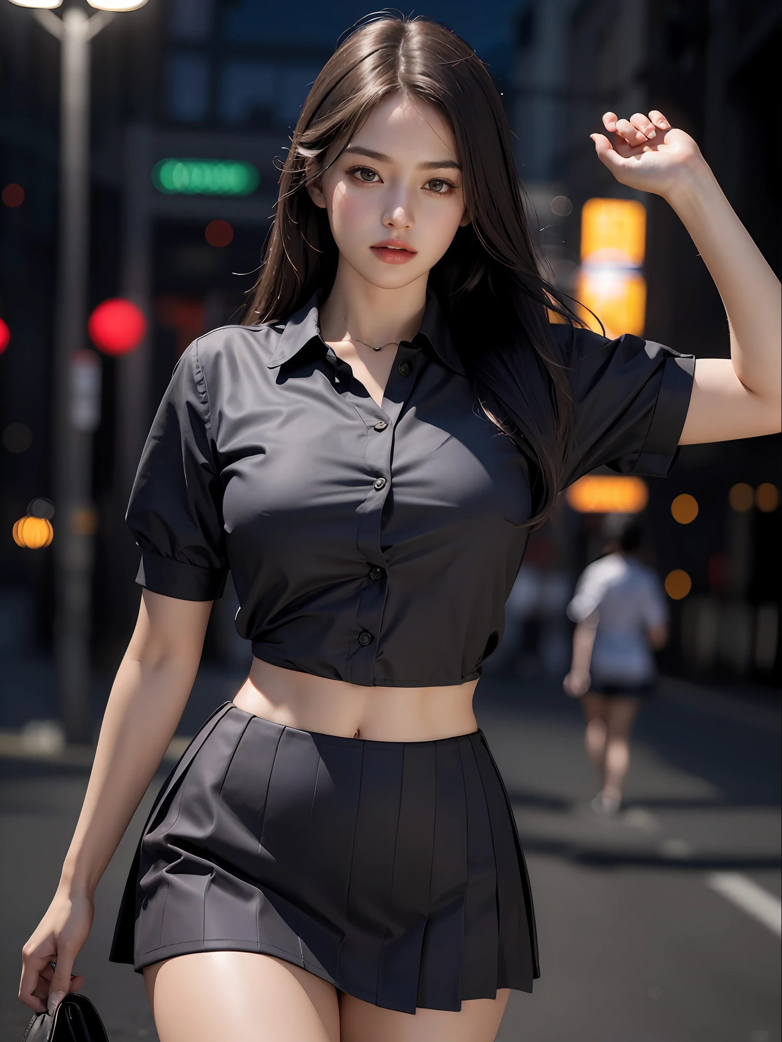 Best quality, masterpiece, ultra high res, (photorealistic:1.4), raw photo, (perfect body shape), dynamic pose, 1girl, waist up, solo, school uniform, in the dark, night, on the street, deep shadow, low key, cold light 12000K