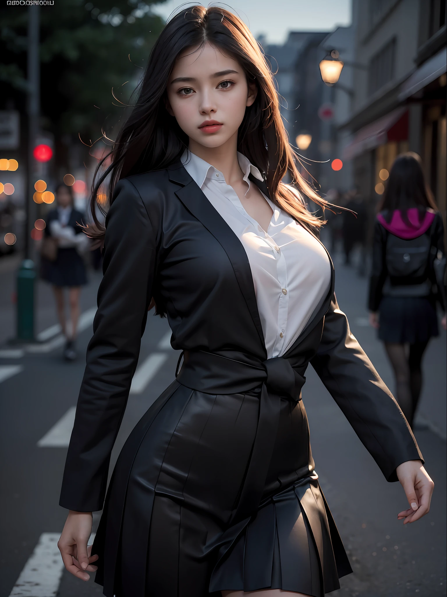 Best quality, masterpiece, ultra high res, (photorealistic:1.4), raw photo, (perfect body shape), dynamic pose, 1girl, waist up, solo, school uniform, in the dark, night, on the street, deep shadow, low key, cold light 12000K
