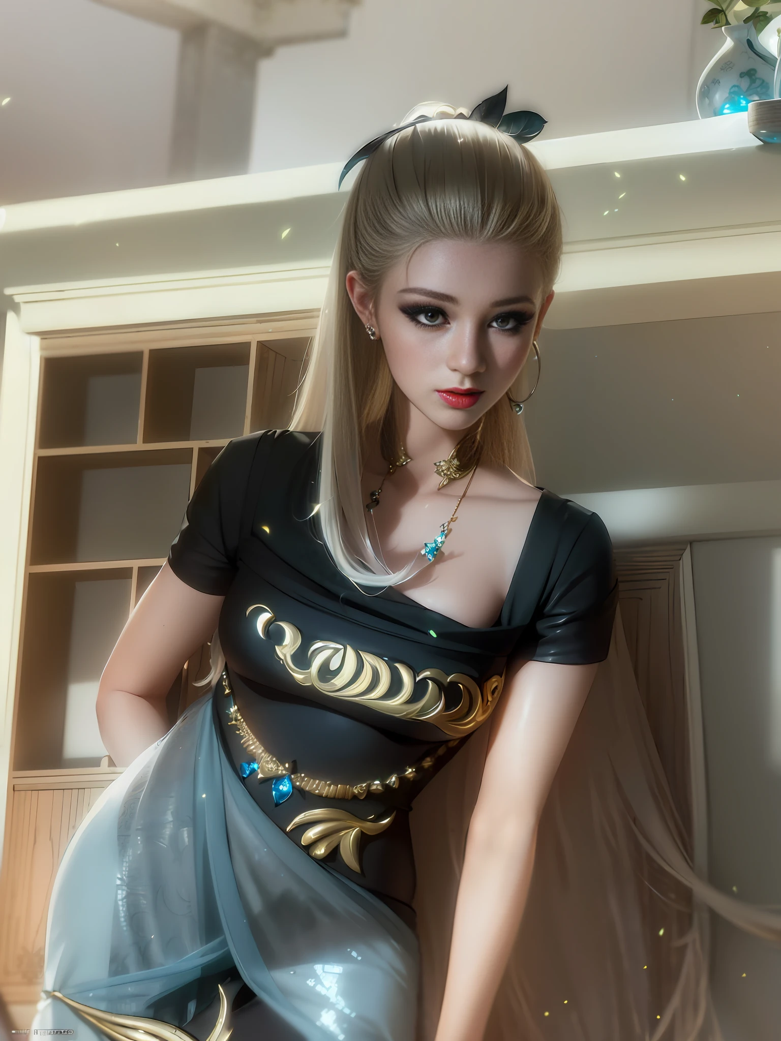 Best Quality Details, 8K UHD, HD, Ultra Detail, High Quality Detail Texture, ((Perfect Female Figure)), High Quality Shadows, Detailed Beautiful and Delicate Face, Detailed Beautiful Delicate Eyes, Perspective, Only One Person, (, Breasts Out), (Indoor + Dark Atmosphere + Chinese Courtyard + Pond + Gazebo + Peace + Bridges + Trees), Perfect Body, Thin Waist, Wide Buttocks, ((Red Eyes)), (Platinum Blonde), (White and red armor dress: 1.4), hair stick, sexy pose, hairpin, hair accessories, faint smile, cute face, slender face, fair skin, glowing eyes, glossy lips, bags_under_eyes, pale pink lips, beautiful eyes, eyelashes, thin lips, (noble girl), eye shadow, makeup, eyeliner, perfect face, shawl, feathers, detailed clothes, (rich: 1.4), prestige, gorgeous, luxurious, lace, lace decoration, royal palace, jewelry, gemstones , gold, silver, diamond, sparkle, sapphire, ruby, emerald, pearl, amber, obsidian, jewelry, gemstone, sparkling, beautiful, gorgeous, glamorous, charming, gothic, fantasy, sacred, clean, rich, prestige, fantastic, supreme, apex, paramount, goddess, lace, lace decoration, delicate pattern, shiny skin, blonde, royal, super idol face, messy hair, perfect lighting, (detailed lighting), (under exquisite and beautiful), dramatic_shadow, ray_tracing, masterpiece, the best quality, extremely beautiful reflections, the best reflections. (Very detailed CG unity 8k wallpaper), (best quality), (best illustration), (best shadow), forest theme with natural elements. Tall trees, quiet streams, glowing small mushrooms, surrounded by delicate leaves and branches, and fireflies and glowing particle effects, (natural elements), (jungle theme), (leaves), (branches), (fireflies), butterflies, (delicate leaves), (glow), (particle effects). , isometric 3D, Octane rendering, ray tracing, super detailed