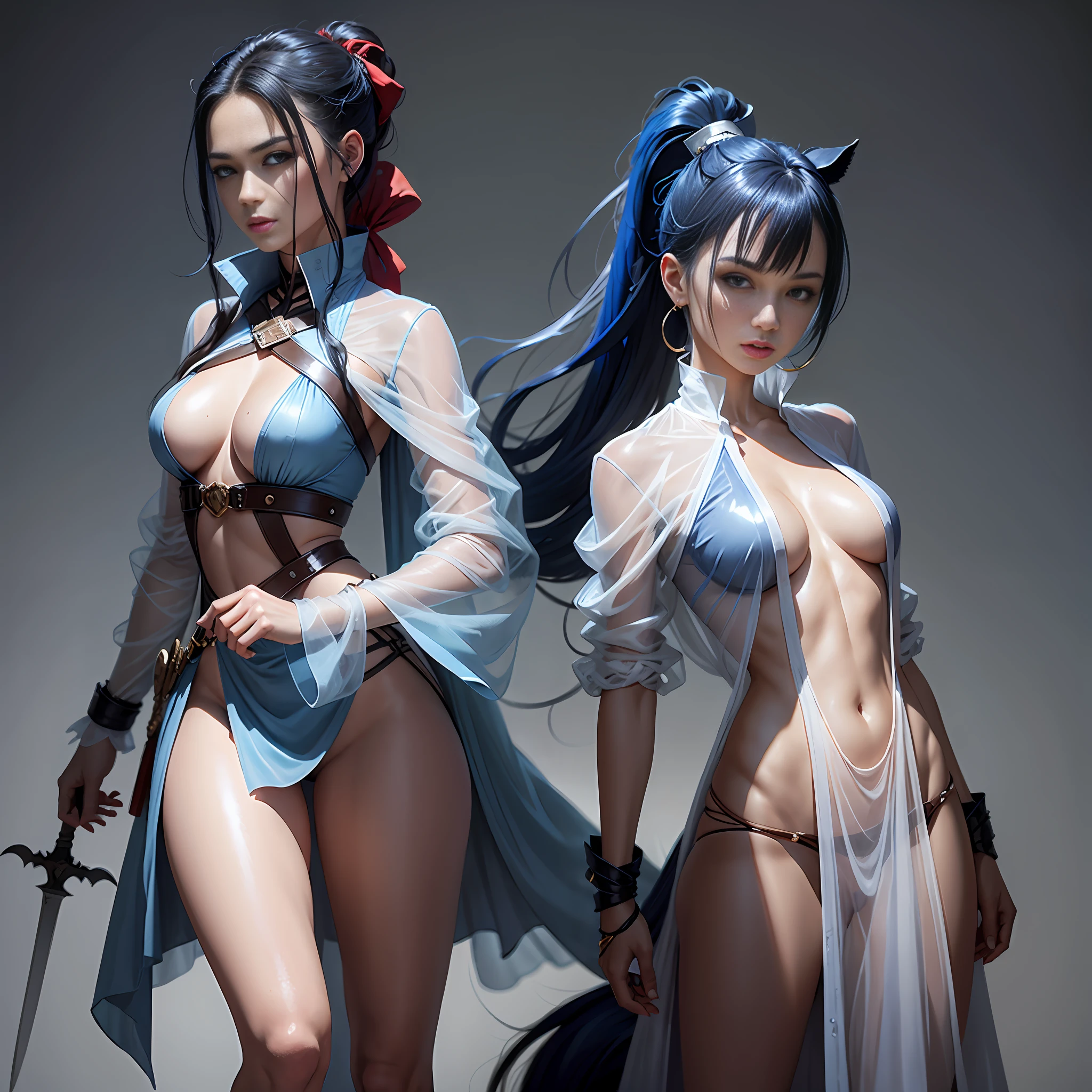 Ponytail, beautiful female warrior, approximately 20 years of age, with a perfect body and dressed only organza transparent coat, The character has dark blue hair with red highlights, tied in a horse tail, and holds a short sword in her hand. I would like the drawing to be done in any graphic convention that fits the character’s nature, wet skin, shiny skin, transparent organza flowing coat, photorealistic: 2.0. Shiny skin,