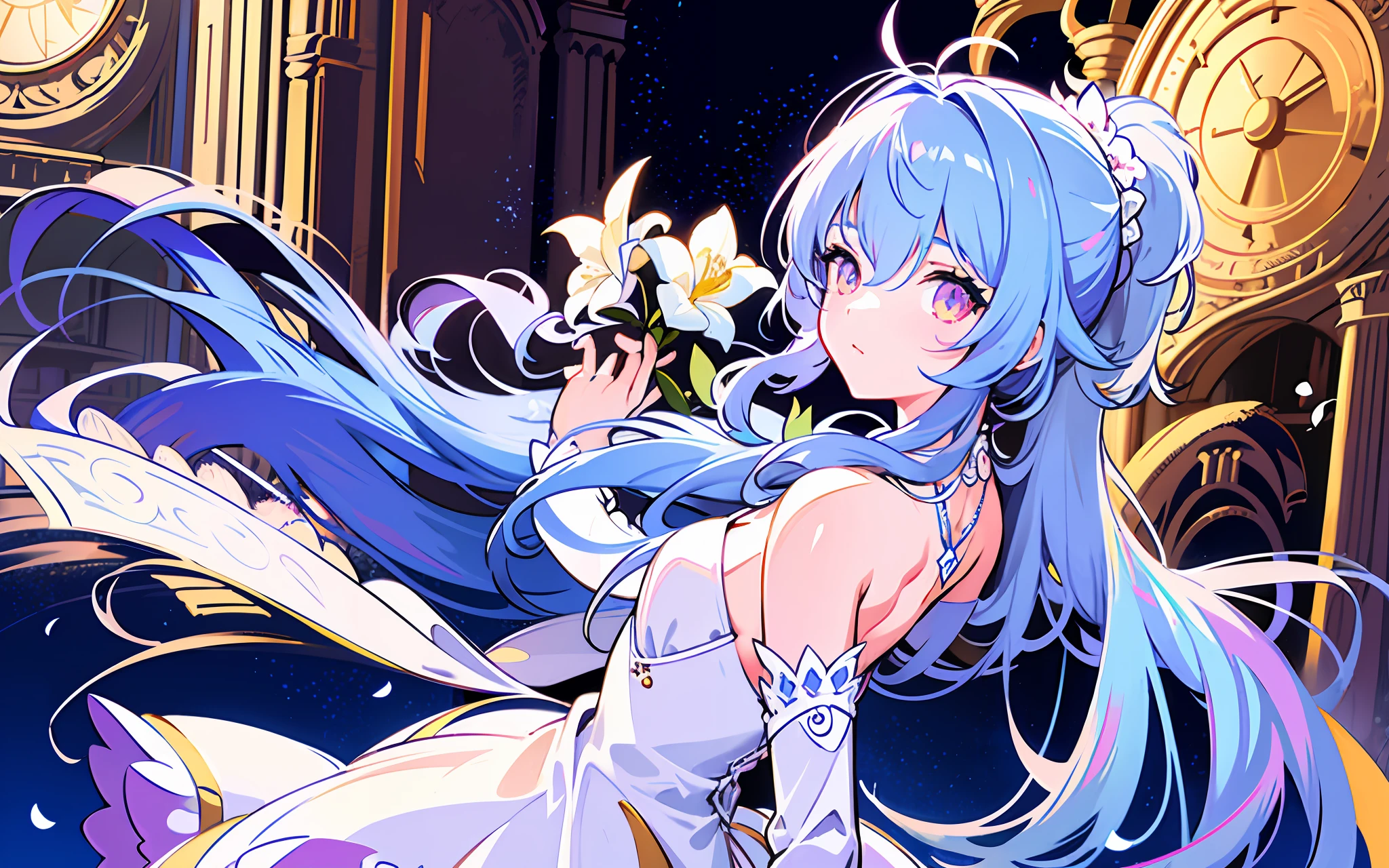 (: 1.5), lace, ribbon, wedding dress, (masterpiece, side light, delicately beautiful golden eyes: 1.2), masterpiece, realism, glowing eyes, shiny hair, blue hair, long hair, shiny skin, solo, embarrassment, bandeau, delicate, beautiful, church, flowers, fluttering petals, ponytail, holding a flower ball,