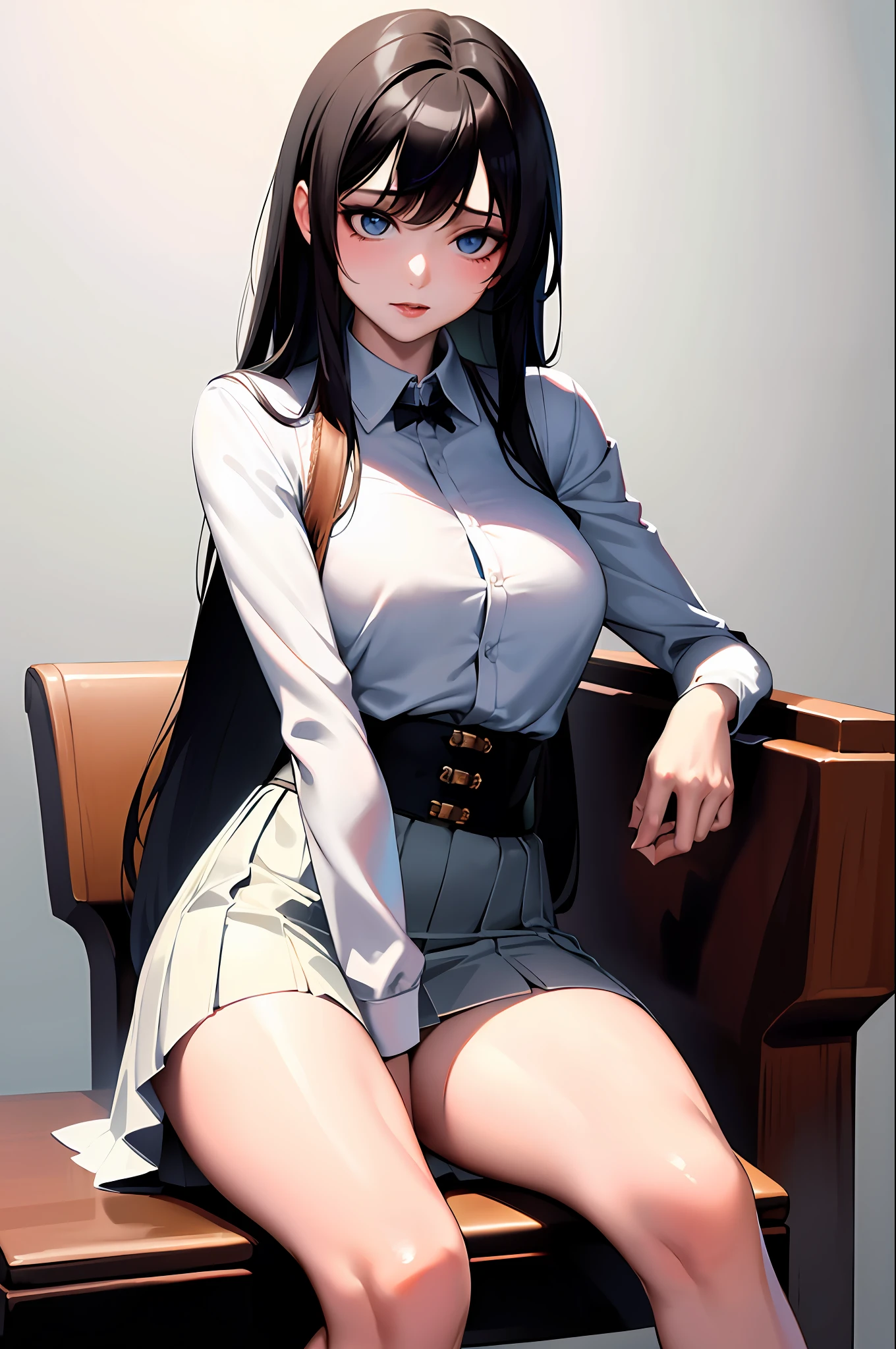 ((Masterpiece, Best Quality)), One Girl, (Photorealistic: 1.4), Solo, White Background, Black Hair, Long Hair, Absolute Realm, Skirt, ((Cowboy Shot)), Sit on a Chair, Cross One's Legs, Ahegao Silly / Sexual Ecstasy)