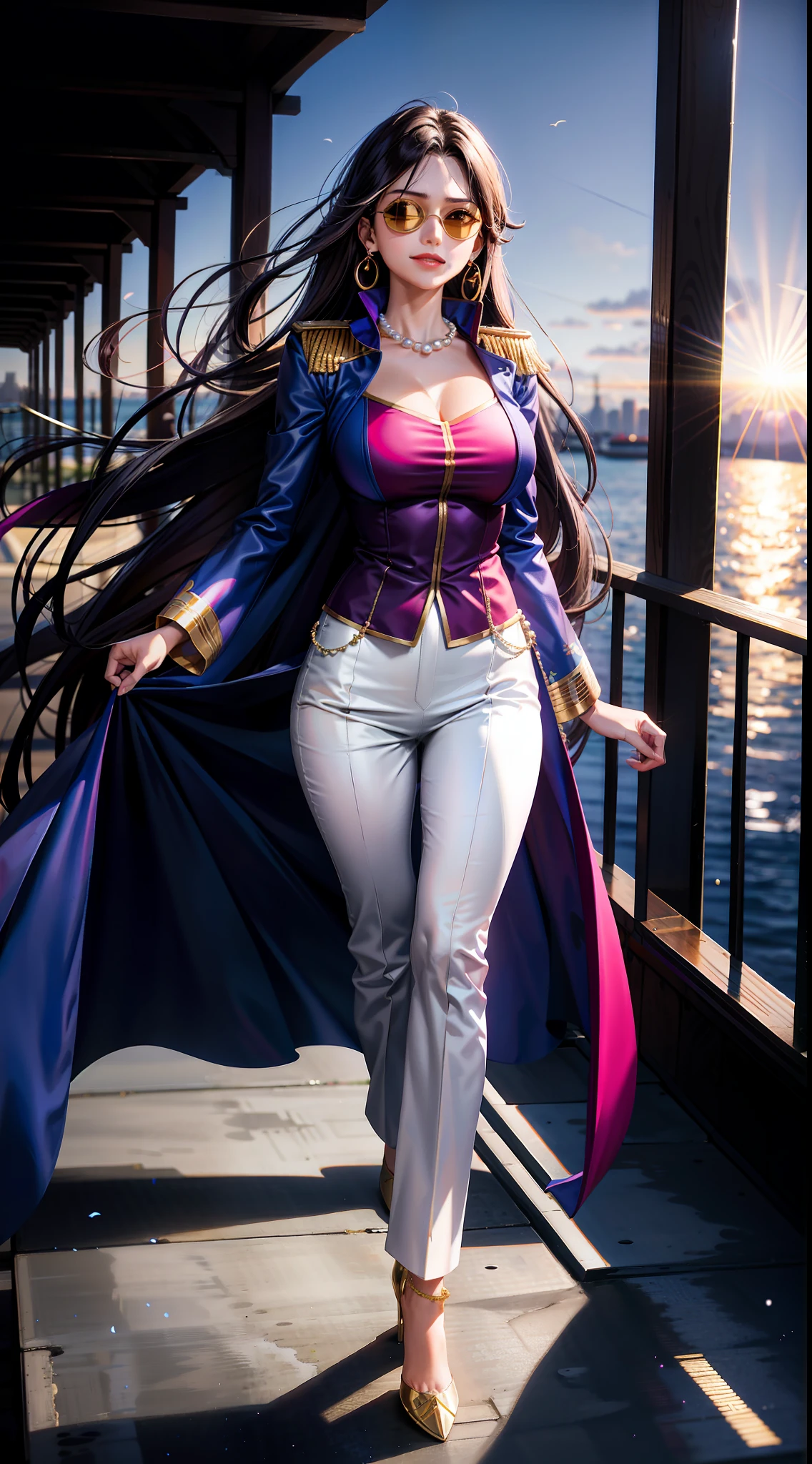 Captain Hina (One Piece) beautiful woman, striking smile, red lipstick, perfect body, with long straight hair in pink color, with a long white Navy coat slumped over her shoulders like a cape, Her second garment consists of a purple shirt with a deep neckline and decorative gold on the front, matching with long pants and high heeled shoes. She also sports a pearl necklace around her neck and a pair of purple sunglasses or covering her eyes or forehead, gorgeous brown eyes, Masterpiece, highest quality, high resolution, solo, large breasts, standing on the marina pier, arms outstretched, angry, heavy breathing, broad shoulders, finely detailed eyes and detailed face, extremely detailed CG unit 8k wallpaper, intricate details, very long hair, best ratio four fingers and a thumb, better light and shadow, smile, ointment, depth of field