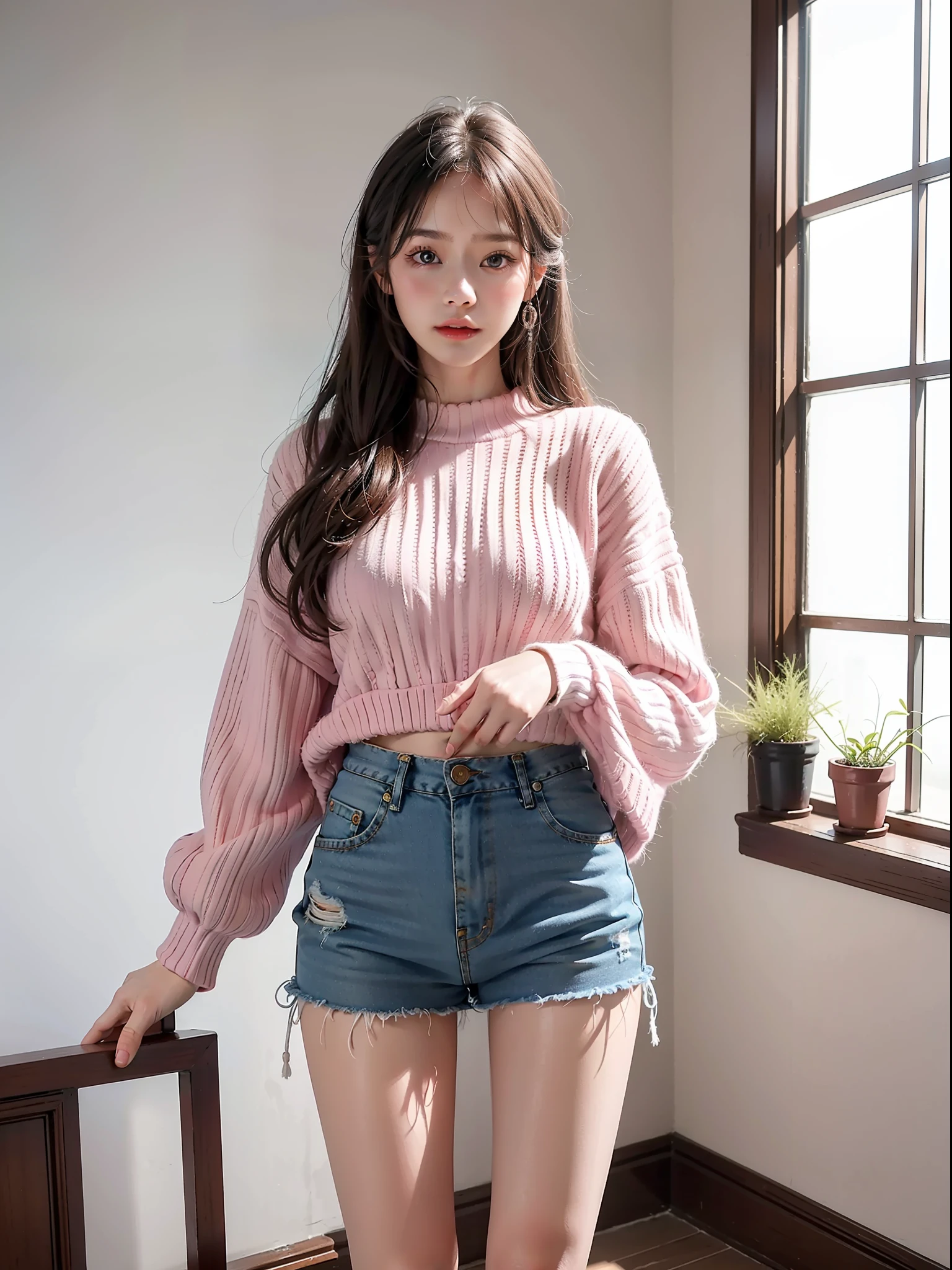Image quality, high quality, realistic, high-quality costumes, detailed and delicate skin, perfect finger modeling, light makeup, indoors, knitted, long sleeves, pink, white, denim mini skirt, skinny, semi-long hair, thin legs, whitening skin