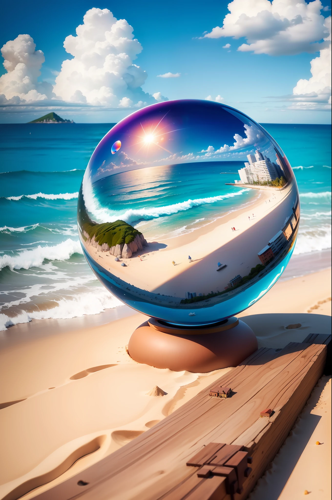 mini\(ttp\), (8k, RAW photo, best quality, masterpiece:1.2), colorful background, clean background, depth of field, city, high building, miniature, landscape, isometric,in Crystal ball, 16:9, beach, waves